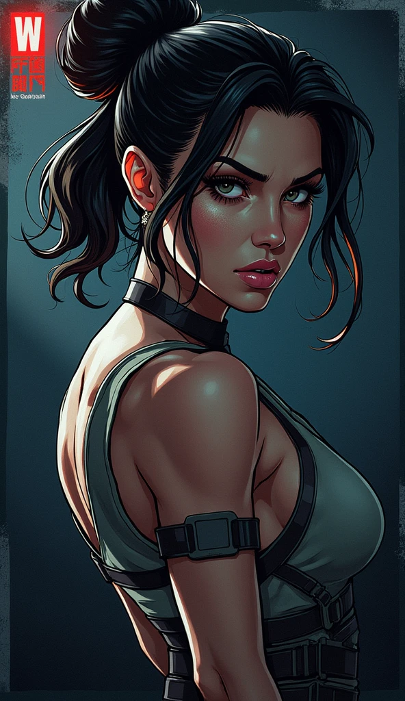 muscular girl,big breasts,black hair,yellow eyes,expressionless,pale girl,realistic,photorealistic,photo-realistic:1.37,best quality,4k,8k,highres,masterpiece:1.2,ultra-detailed,hyper detailed,detailed portrait,beautiful detailed eyes,beautiful detailed lips,extremely detailed eyes and face,long eyelashes,dramatic lighting,chiaroscuro,moody lighting,cinematic lighting,dramatic pose,dynamic angle,realistic skin texture,flawless skin,intricate detail,exquisite detail,cinematic atmosphere,dramatic background,dark fantasy,dark aesthetic