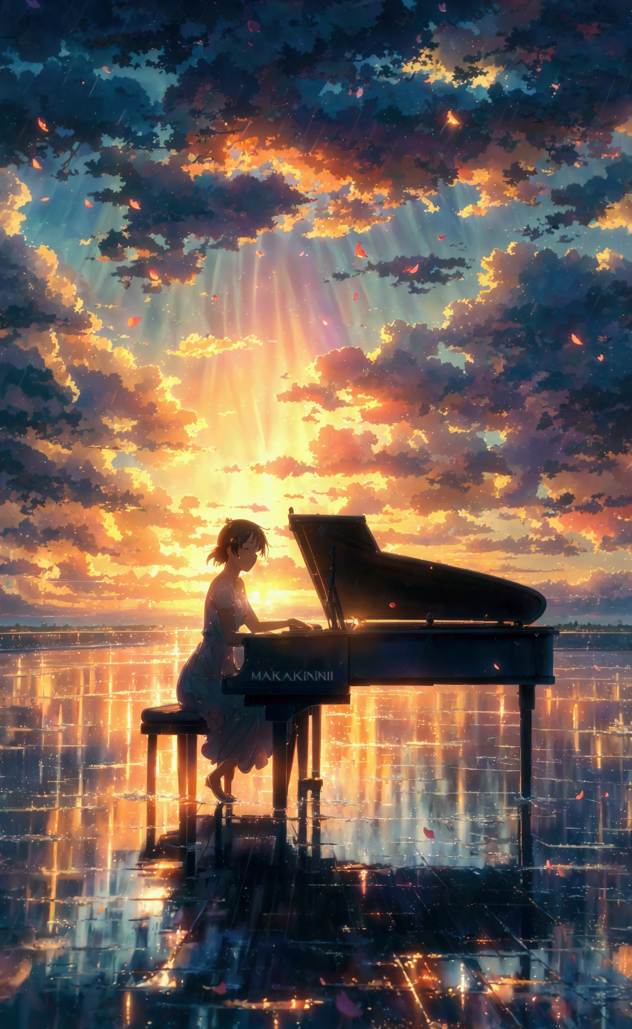 Sunset, light rain, drizzle, cloudy, vast sky, rainy season, summer, enchanting, romantic, poetic scenery, reflective water surface, sparkling, extremely detailed, atmospheric anime scene, in the style of the movie Your Name, bright colors, harmonious color palette, deep details, petals falling around, beautiful scene, glowing fireflies flying around, girl with white dress splendid, brilliant sunset, anime girl sitting on a piano in the water at sunset, ( ( makoto shinkai ) ), makoto shinkai, anime beautiful peace scene, makoto shinkai. digital render, 