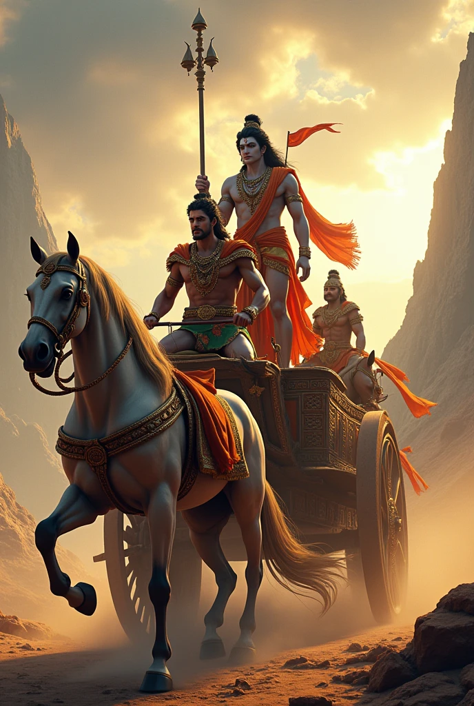 A breathtakingly detailed 3D render of Arjun, with a strong jawline and determined expression, standing confidently on a majestic chariot, adorned with intricate golden filigree and vibrant purple and silver accents, against a dramatic, stormy sky with warm golden light and intense, swirling clouds, as Lord Krishna, with a wise and focused gaze, stands beside him, holding a a spinning, disc-like weapon, ornate bow and arrow in his hand, with a subtle, knowing smile, while on the opposite side, Karna, with a fierce determination in his eyes and a strong, muscular build, stands on his own chariot, similarly adorned with metallic accents and rich, crimson fabrics, gripping his bow and arrow with intensity, the two warriors locked in a fierce stare, ready to engage in an epic battle on the sacred grounds of the Mahabharata, with a swirling aura of energy and tension surrounding them, illuminated by a ring light that accentuates the vibrant colors and textures, created using a combination of Unreal Engine, Octane Engine, and Vray, evoking a sense of grandeur and heroism, reminiscent of Pixar's cinematic style.