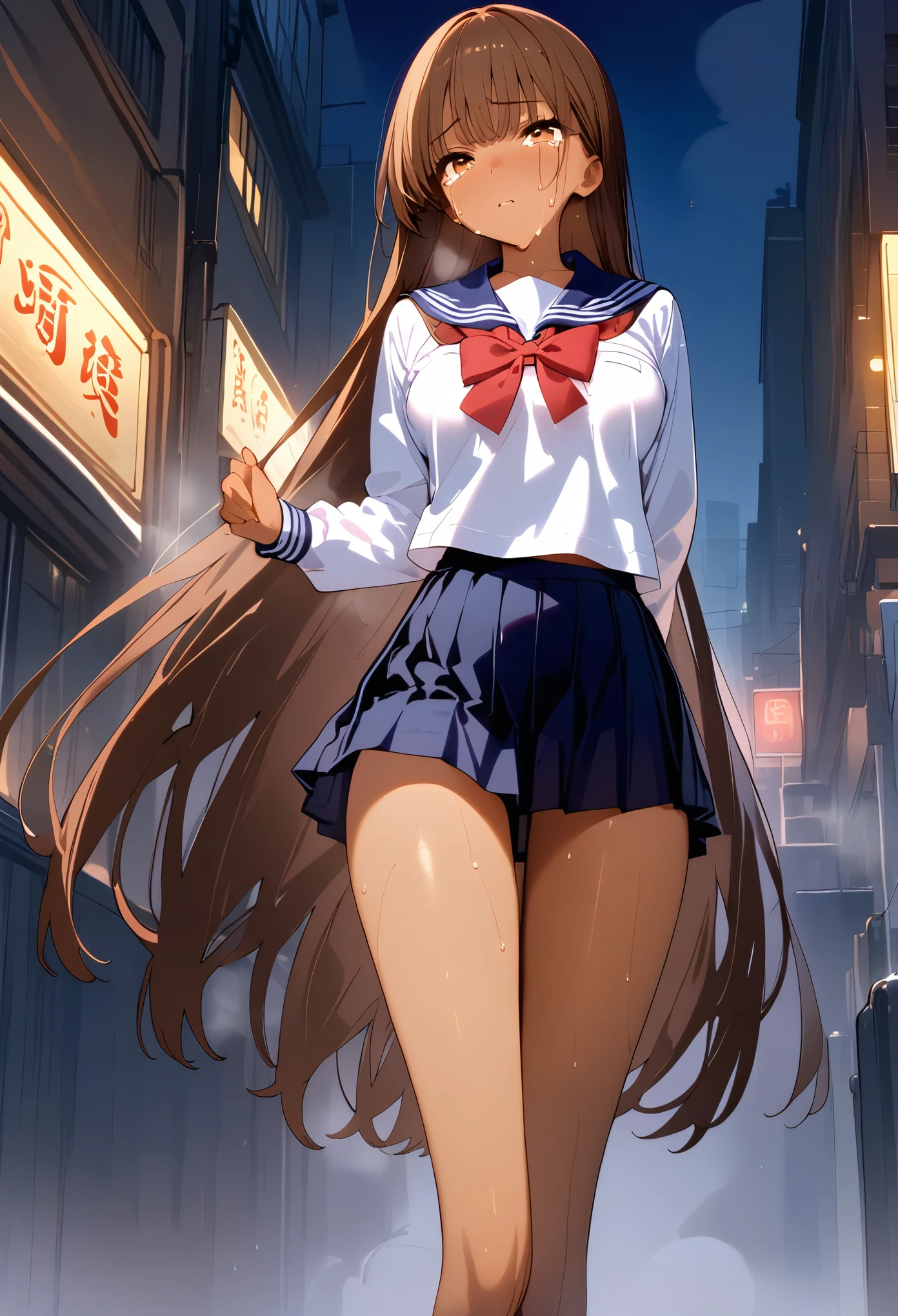 ((masterpiece,best quality anime:1.3,Best Quality)),cowboy shot,portrait,1woman,(young adult),long straight hair,bangs,brown hair,((very small head:1.4)),brown eyes,gorgeous eyes,tears,Look down、medium breasts,(((very long body:1.4))),((tan skin)),(School uniform、White sailor suit、Long sleeve、Navy blue sailor collar、red bow),((Navy blue pleated skirt)),slender body,skinny,sweat,steaming body,standing,on street,neon、night、Shibuya、from front,