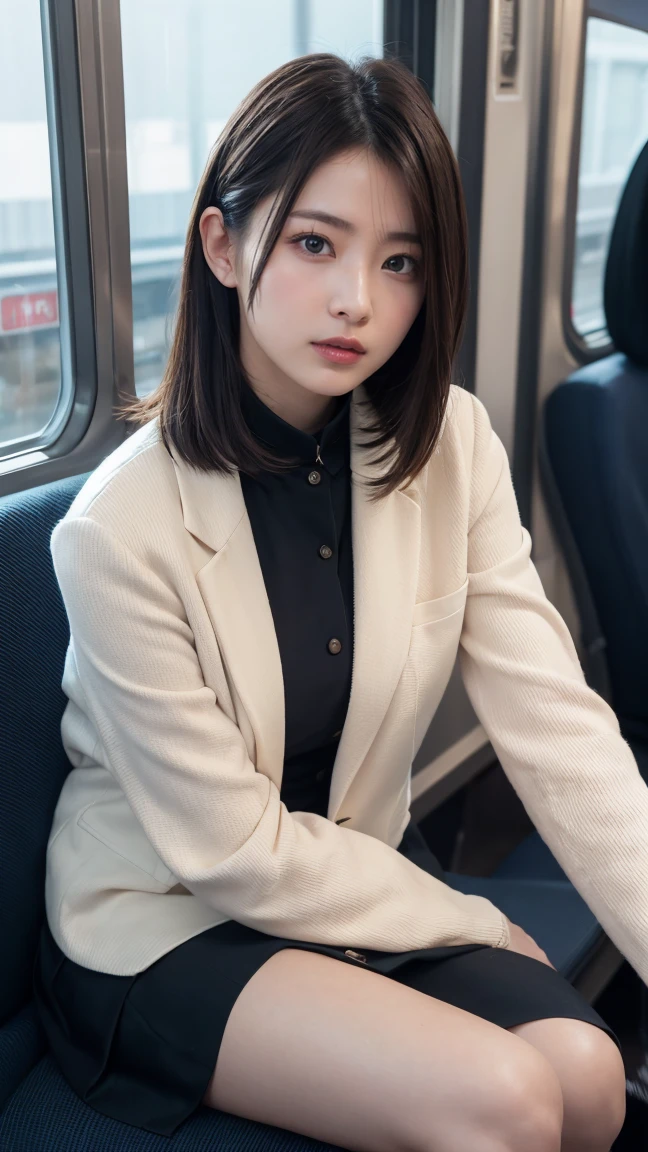 absurdres, RAW photo, extremely delicate and beautiful, masterpiece, Best Quality, ultra high resolution, 16k, hyperrealistic, ultra-detailed, perfect anatomy, super Detailed skin, perfect figure, Very detailed CG 8k wallpaper, in her 20s, very Slim body, narrow waist, very small head, very small face, delicate facial features, tearful mole, earring, thin legs, (very huge round breasts), full body shot, short hair, (wavy hair), (light brown hair), (wet clothes), ((school uniform)), (blazer), train, (from below), sitting, ((crotch spreading)),