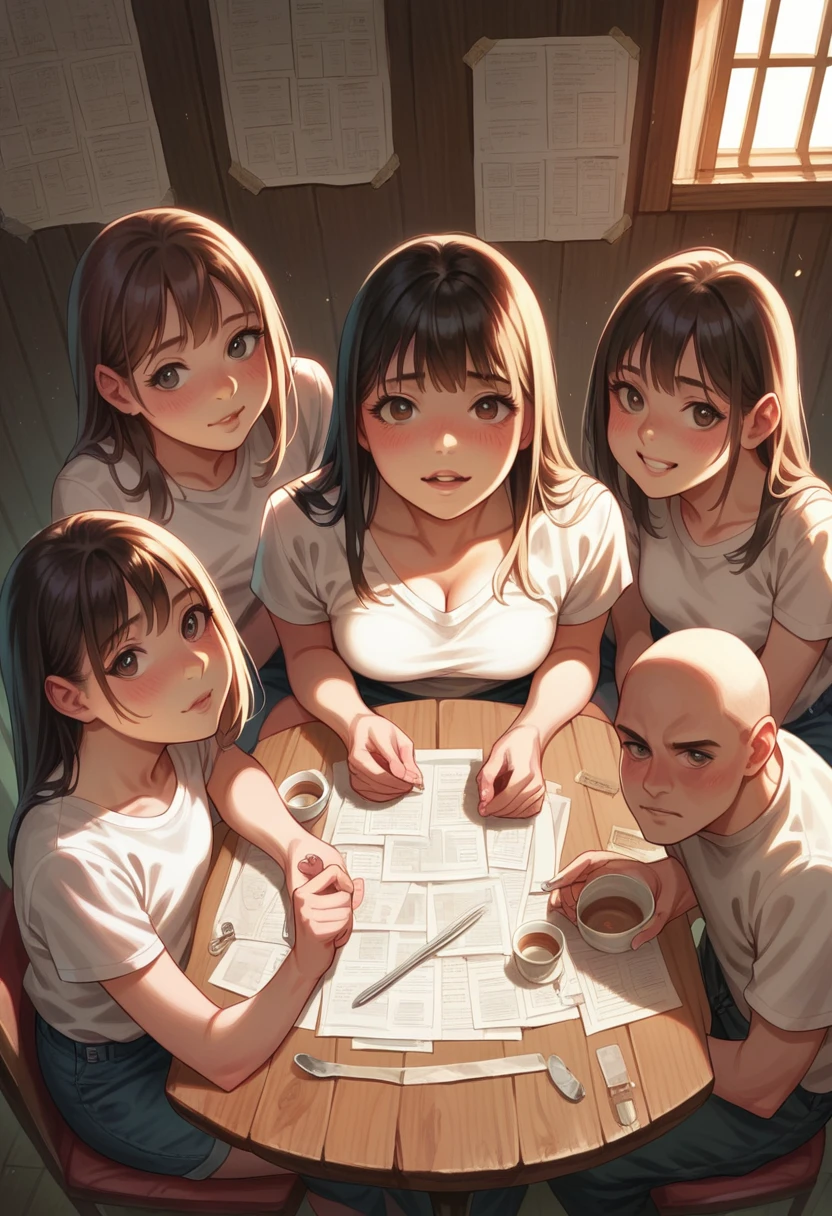 detailed skin, detailed lighting and shadows, detailed reflections, detailed textures and clothing , group of adults sitting around a table. flushed cheeks, aroused. view from above