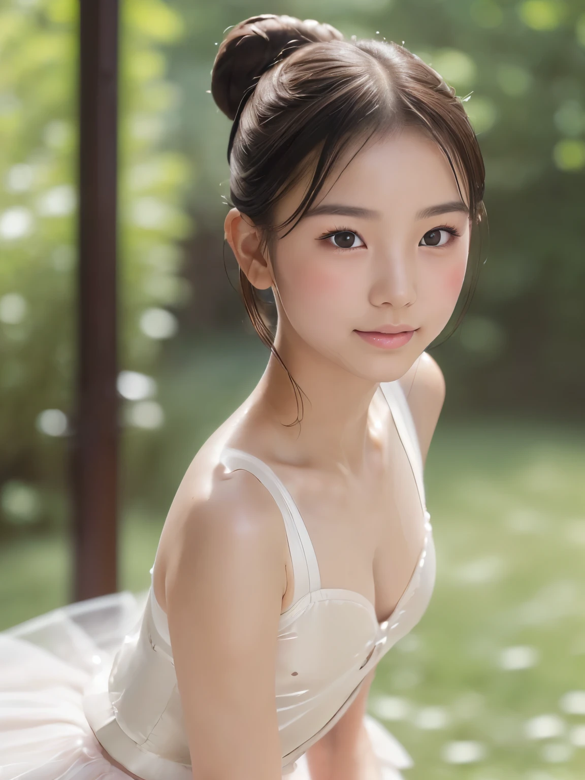 cleavage,  (((JPGND))), (1girl), Masterpiece, Best Quality, Ultra-realistic capture, Highly detailed, High resolution 16k, precise face, precise eyes, (((perfect limbs, perfect anatomy))), (( cute girl, natural white skin, glossy skin, (ballet tutu), Skin should look healthy, realistic skin texture, Skin texture must be natural, close-up of human skin. parted lips, Height is 145cm, round face:1.4)), (((ballet chignon, one bun hair))), ((dark brown eyes, thin lips, thin eyebrows, wet skin, moist and shiny skin)), shy smile, (((above waist)))
