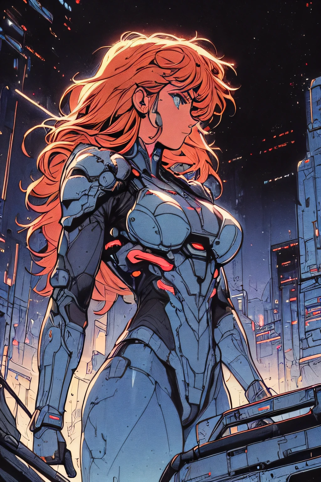 Masterpiece, professional, award-winning, intricate details, ultra high detailed, 64k, volumetric light, dynamic lighting, Movie Aesthetic, action shot, style by Travis Charest and Phil Noto (colored), futuristic city in 4K quality, featuring urbane buildings, at night, neon lights, aerial view