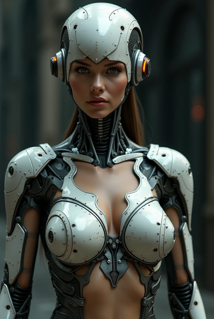 ultra detailed complex 3d rendering of a gorgeous porcelain profile face of Anya Taylor Joy, cyborg, robotic parts, human leg, 150 mm, beautiful soft studio light, rim light, vibrant details, luxurious cyberpunk, lace, hyper-realistic, anatomical, facial muscles, electrical cables, microchip, elegant, beautiful background, octane rendering, HR Giger style, 8k, best quality, masterpiece, illustration, extremely delicate and beautiful, extremely detailed, CG, unit, wallpaper, (realistic, photorealistic: 1.37), amazing, finely detailed, masterpiece, best quality, official art, 8k unit wallpaper CG extremely detailed, absurd, incredibly absurd, robot, silver helmet, full body, sitting
