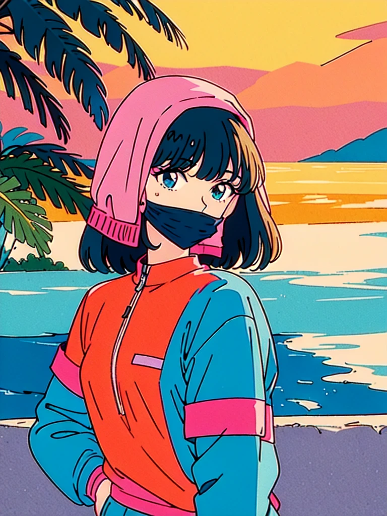 (80's, retro, city pop poster:1.5, without text), (album cover), (masterpiece, best quality, 4K), (anime, illustration), (colorful, bright colors), (still image from 1990s vhs). An atmospheric scene of the beach. Palms. Palm leaves. The sea in the background. Some landscapes in further distance. sunset. dimmed light. many clouds. No People.