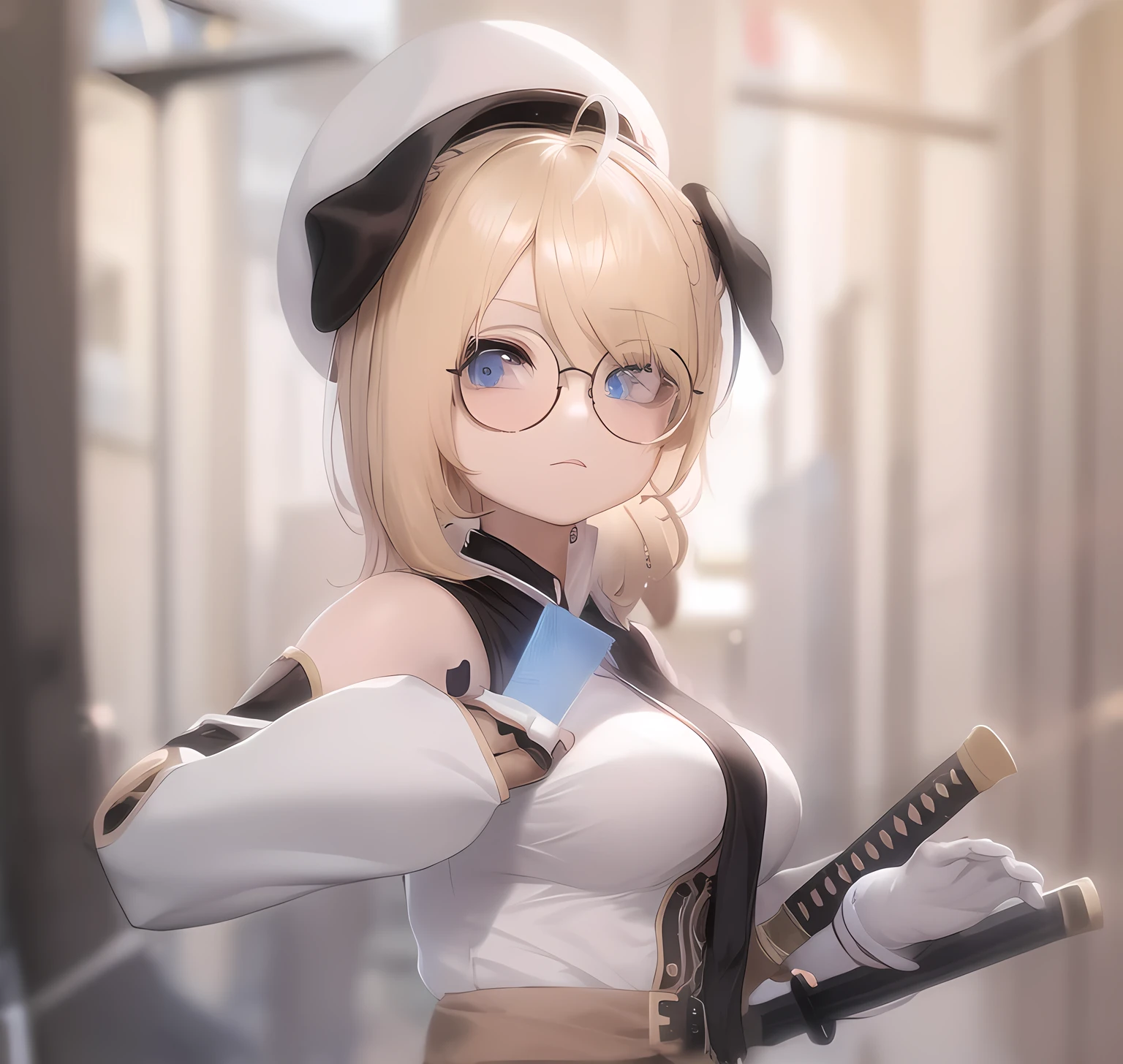 blonde anime girl with round glasses and a hat holding a swords, blue eyes, have a cute brown dog ears, inumimi, white and black theme outfit, anime style. 8k, anime styled 3d, stylized anime, render of a cute 3d anime girl, artwork in the style of guweiz, anime stylized, female protagonist 👀 :8, anime vibes, render of april, anime style 4 k, ( ( 3 d render ) )