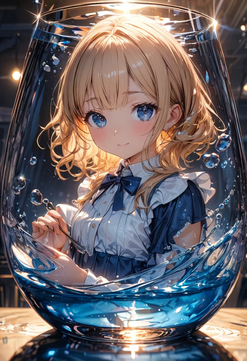 Super detailed, 8k, Angelic, glass, Water in a glass, Flowers in a glass, bubble, Right Blue Water, nice, bright,Girl in glass,Mini Girl,Refraction of Light,Reflection of light,Dynamic Angle,