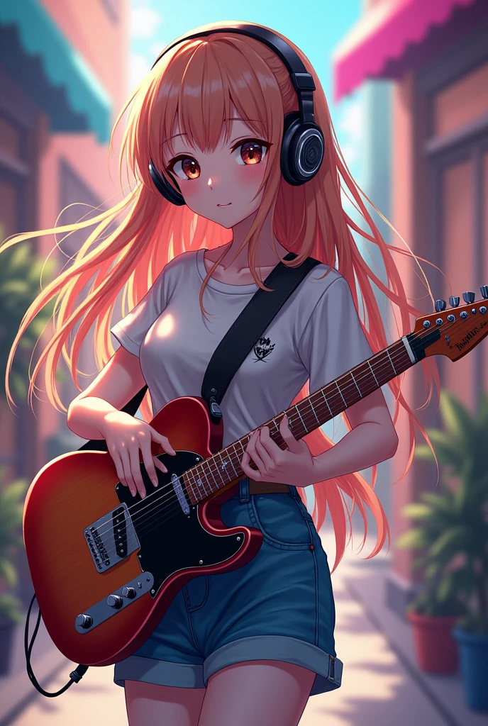 A anime girl carrying guitar and wearing headphones with long hair 