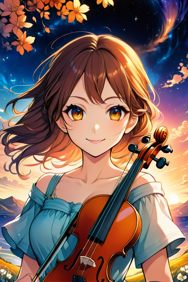 Against the background of the sunset sky, a girl with hair fluttering in the wind is smiling with a violin, the sky where the stars begin to shine, anime-style illustrations, high resolution, line drawings drawn in detail, warm colors, fantastic atmosphere 