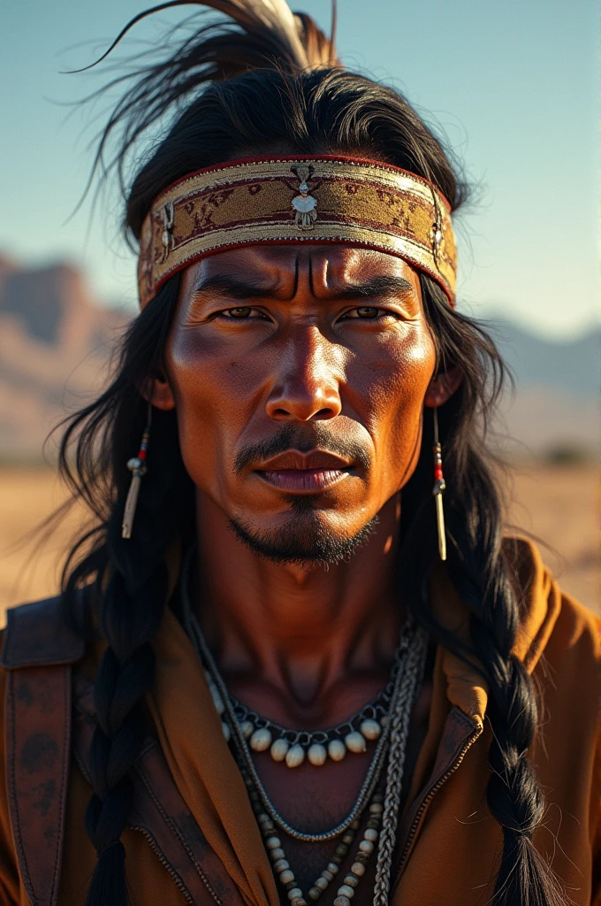 Create a highly realistic portrait of an Apache warrior, capturing the strength and intensity of his character. His weathered face is framed by long, dark hair, some strands braided with traditional beads and feathers. His piercing, determined eyes reflect a lifetime of battle and resilience, telling the story of a proud and fierce warrior. His skin is sun-kissed and etched with the lines of experience, showing the harsh realities of life in the wild.
He wears a traditional Apache war shirt, adorned with intricate beadwork and symbols that represent his tribe and personal victories. Around his neck, he has a necklace made of bone and turquoise, with a distinctive medicine pouch hanging just below. His face is partially painted with traditional war paint—bold, striking patterns in deep red and black—adding to his formidable presence.
The background is subtle, hinting at the vast, arid landscape of the American Southwest, with soft tones of desert and sky that don't detract from the focus on his face. The overall atmosphere is one of strength, dignity, and an unbreakable connection to his heritage and the land he protects."
This prompt should help create a powerful and lifelike portrait of an Apache warrior, emphasizing his strength, cultural heritage, and deep connection to his people.