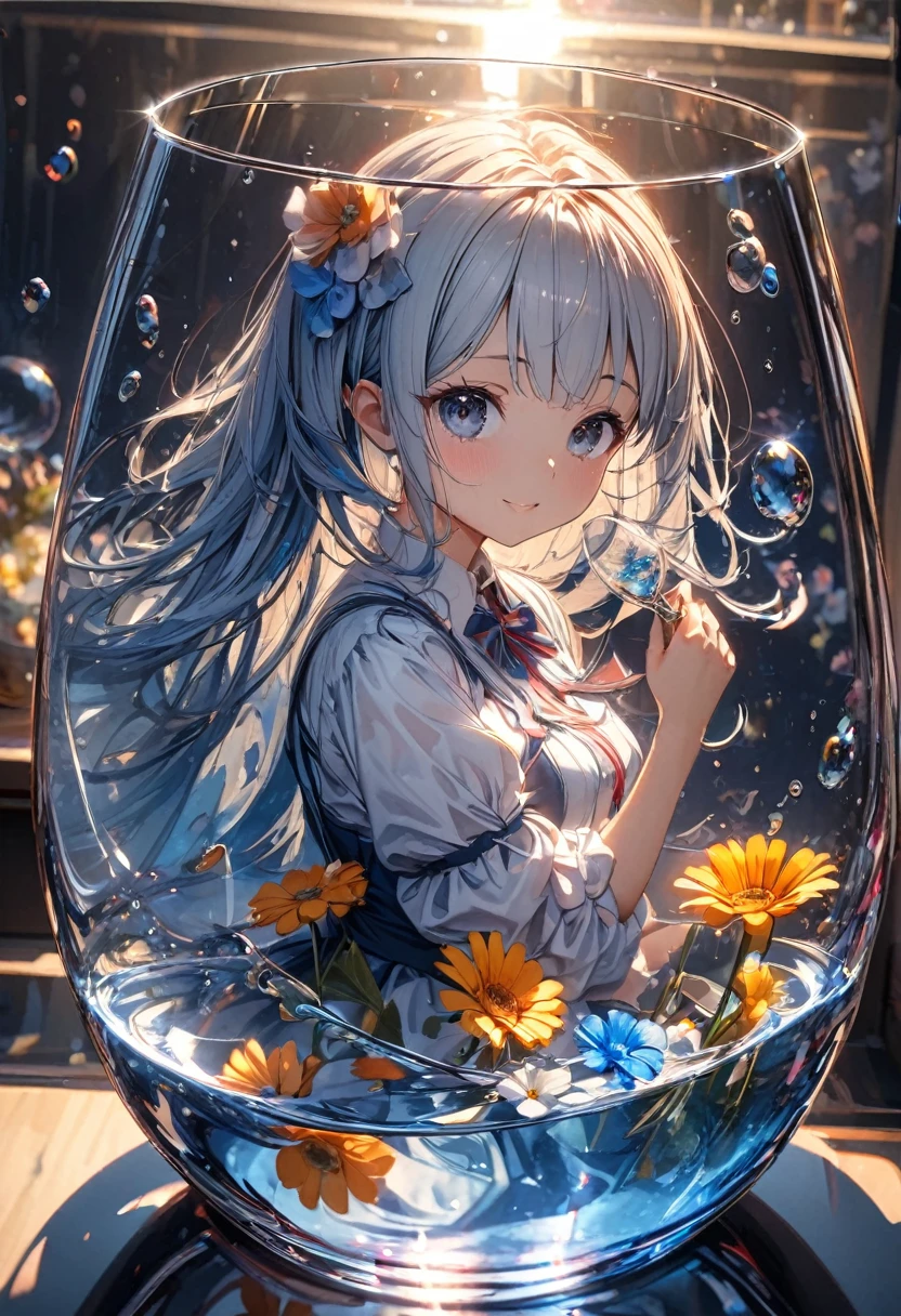 Super detailed, 8k, Angelic, glass, Water in a glass, Flowers in a glass, bubble, Right Blue Water, nice, bright,Girl in glass,Mini Girl,Refraction of Light,Reflection of light,Dynamic Angle,