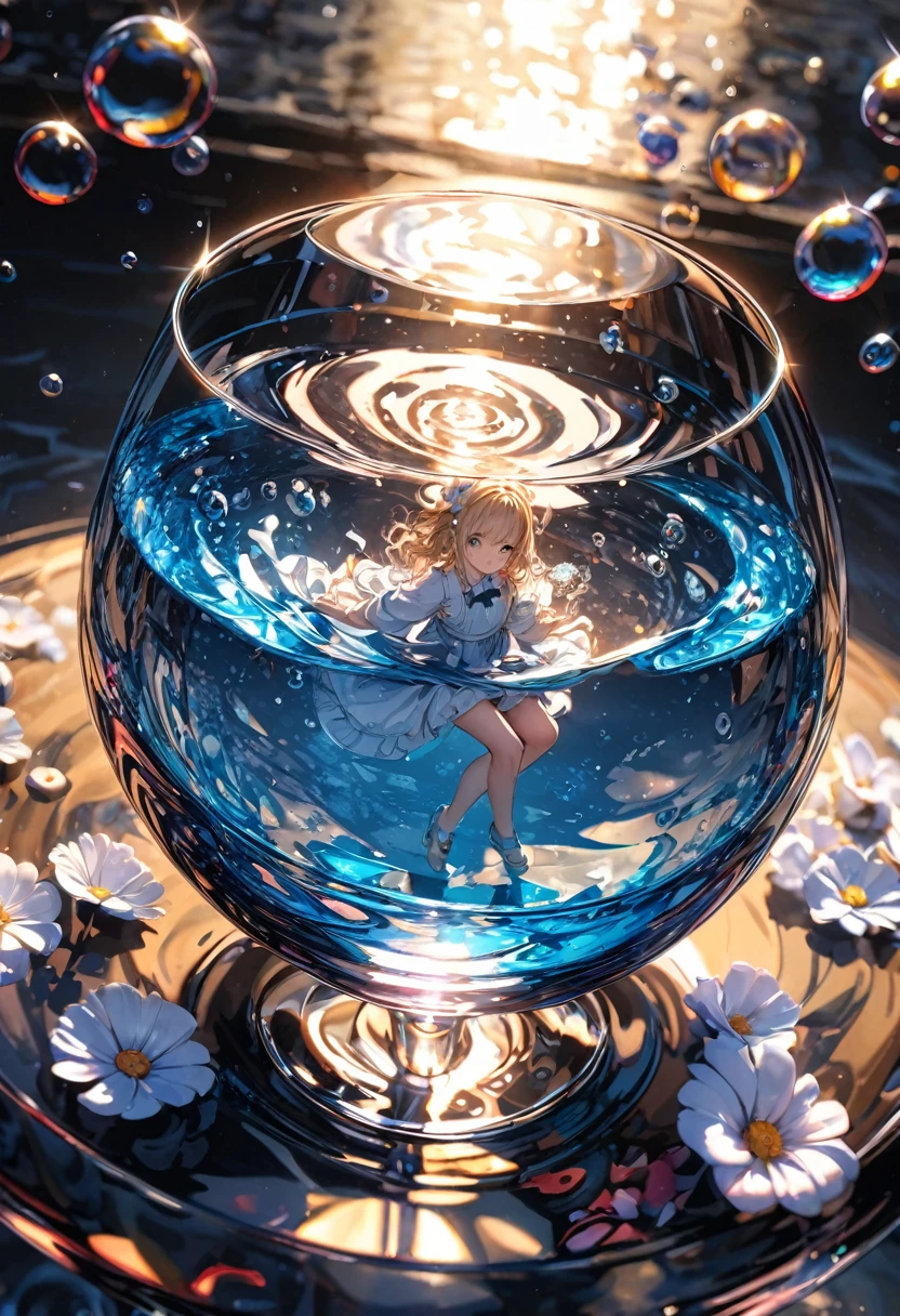 Super detailed, 8k, Angelic, glass, Water in a glass, Flowers in a glass, bubble, Right Blue Water, nice, bright,Girl in glass,Mini Girl,Refraction of Light,Reflection of light,Dynamic Angle,