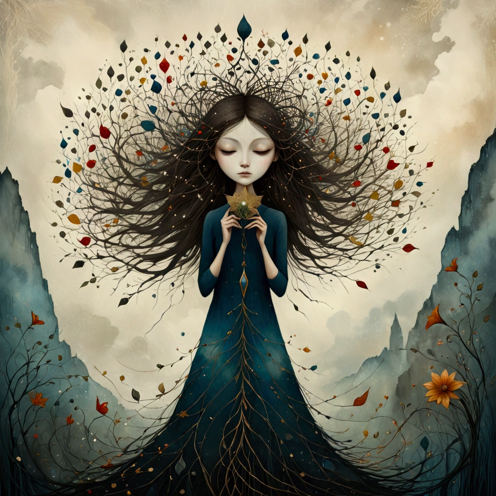 A whimsical watercolor painting by Andy Kehoe and Tracy Grimwood, Catrin Welz-Stein . a young woman with dark blond hair energetically holds threads in her hand to which are attached several masks floating in the sky, creating a visual contrast between the fragility of the threads and the lightness of the masks. The masks should represent the girl's different emotions, such as joy, sadness, anger and surprise, with expressive details. the background is a high cliff with marsh grass and oddly shaped flowers. Unreal dreamlike atmsphere.
