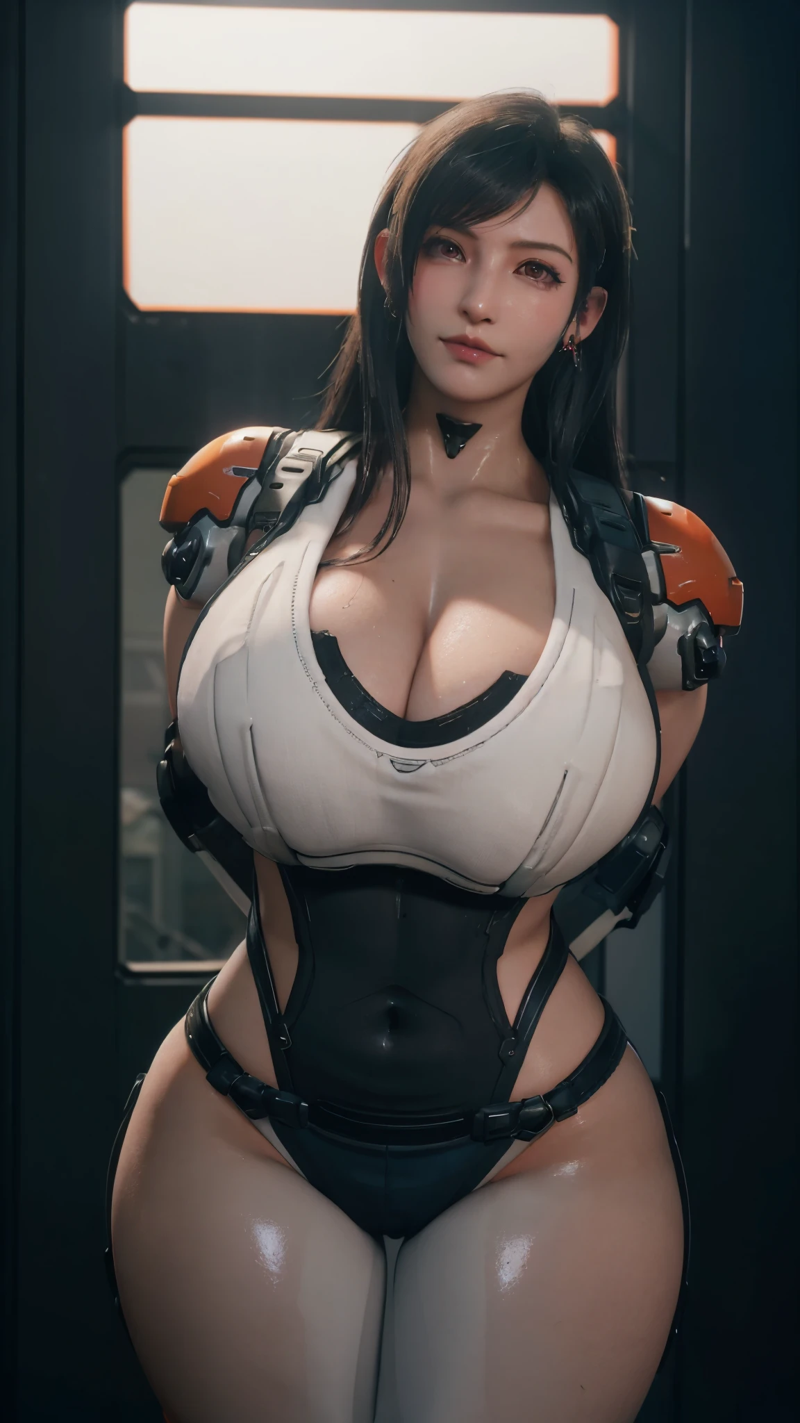 ((Unreal Engine 5)), Realistic Rendering, Excellent, lights on mecha armor, cybernetic headwear, helm, (Yoga Pants), looking on viewer, posing walkdown on street, beautiful face, makeup, (photorealism:1.2), ultrarealistic uhd face, (huge fake boobs:1.4), (gigantic breasts:1.1), (muscle abs), (big butt), (wide hips), (thick thighs), slim waist, hourglass figure, full body, ((glowing skin)), ((shiny skin)), Realistic body, ((she is sexy)), ((clean skin)), photorealistic, bokeh, masterpiece, highres, 1080P.