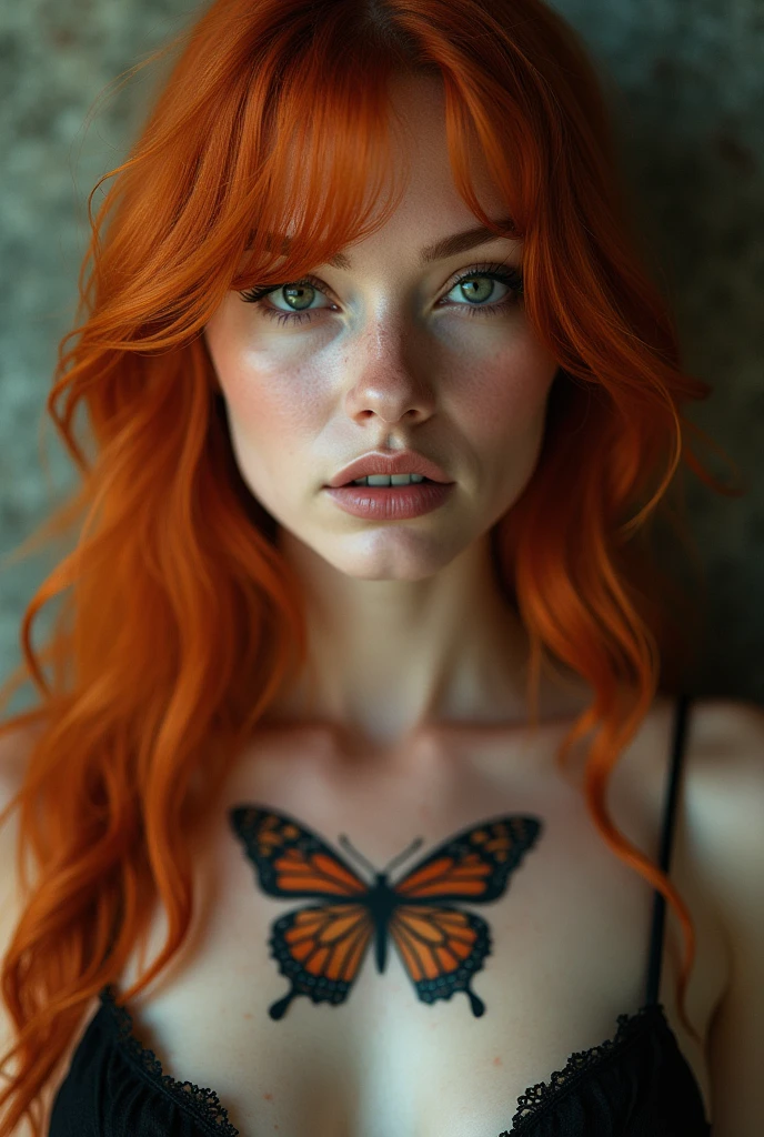 Redhead woman with butterfly tattoo on her neck wearing white tee with boots and a red thong 