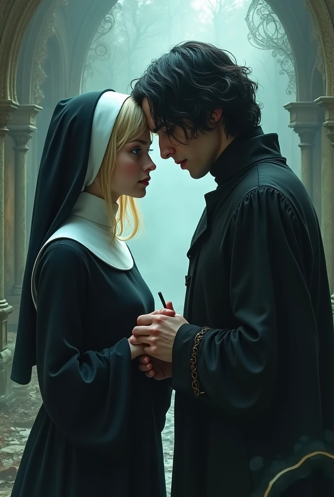 In a quiet, secluded area with soft grass on the ground, Voldemort, a pale and sinister figure with an intense expression, is kneeling next to Luna Lovegood, a young woman with long, blonde hair. Luna is lying on her back, her shirt lifted to expose her bare abdomen. Voldemort is meticulously palpating her abdomen, pressing firmly and exploring every part with his glowing hands. Luna's face shows a mix of discomfort and curiosity as she allows
Voldemort to continue.