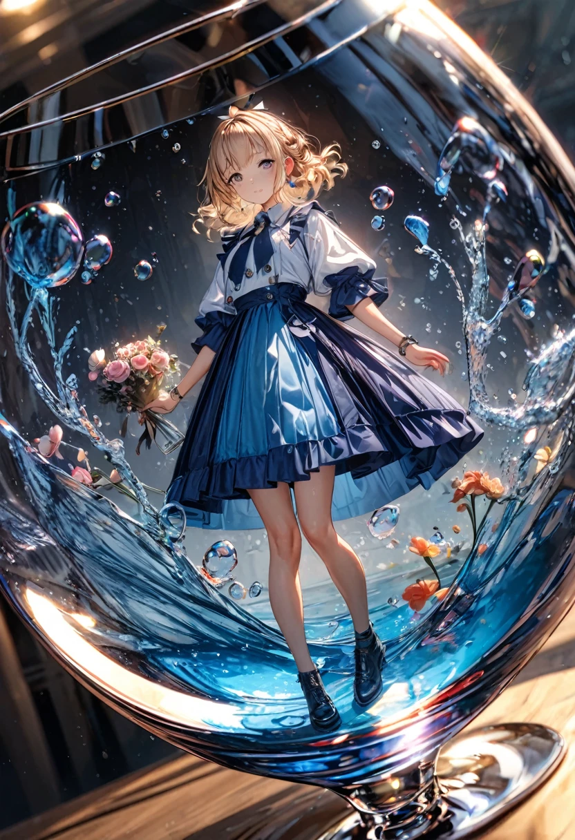 Super detailed, 8k, Angelic, glass, Water in a glass, Flowers in a glass, bubble, Right Blue Water, nice, bright,Girl in glass,Mini Girl,Refraction of Light,Reflection of light,Dynamic Angle,whole body,Stylish clothes,Stylish hairstyle,Stylish accessories,