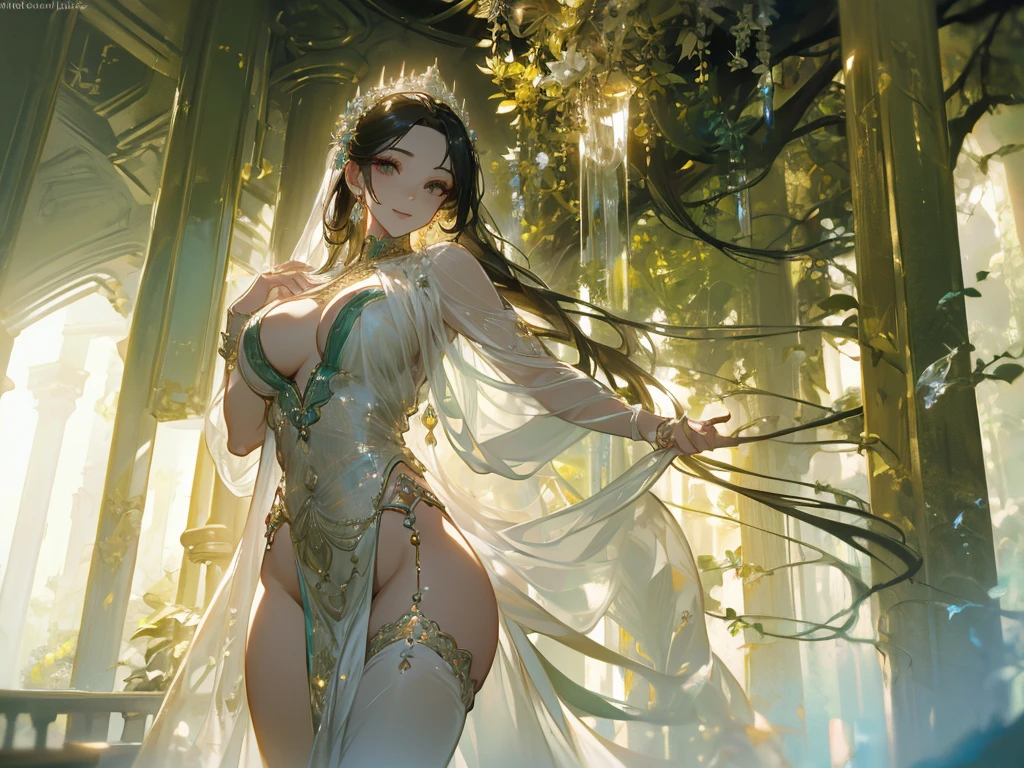 Create a beautiful tree, tree woman With the torso with a feminine silhouette. a perfect female body With green leaves. digital drawing, perfect face, glowing skin, 8k concept art portrait, dynamic, detailed lighting, fractal complex background, alcohol ink drawing. black background with paint splatters, by Hirohiko Araki, Official Art, Unity 8K Wallpaper, Masterpiece, Best Quality, (Zenredar, mandala, tangle, tangle), 1 beautiful platinum and black and gold Caucasian hair girl, Angle dynamic, The Most Beautiful Form of Chaos, elegant, bright colors, romanticism, By James Jean, Takato Yamamoto, Ashley Wood, ecstasy of music notes, transmission of visible music notes, Style Wtrcolor, blown by the wind, Masterpiece, ((watercolor )), paint splatters, intricate details. [drip: 0.7], Trending on Artstation, Rachel Walker, Style-Painting-1900, A beautiful nude woman completely covered in paint floating in a pool, beautiful lighting, beautiful large detailed eyes, Nirvana, relaxed, paint drips, Spirals of Paint, Paint Splatter, (Beautiful Swirls of Paint Swirls), by By Sandra Chevrier, vivid contrasting colors, chromatic aberration, black background, Best Quality, (realistic: 1.2), (high contrast: 1.2), black hair and gold and silver and bronze decoration, goddess of the forest, beautiful caucasian girl close-up, beautiful goddess fused with forest and trees, black hair fused with platinum and gold, girl naked skin wet with water, beautiful visible pubic area, pink pesons, Exposed small breasts, garden pond, mandala and flower tattoos on the naked body, floating antique clock, lamp, lantern, garden pond, visible beautiful pubic area, pink nipples, small breasts in the view, full body, Sakimichan art, oriental mandala tattoo, fractal background, silver and gold and bronze spirit, floating ancient clock, ancient lamp, faint smile, view from below, towering goddess, nude female body fused into forest vines and leaves of trees, roman column, ancient temple with garden and pond