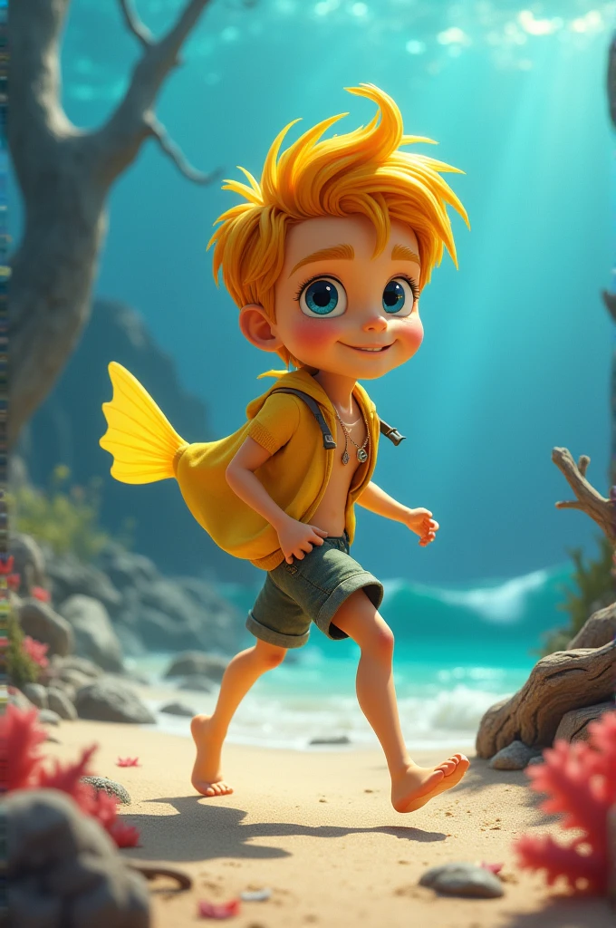 Create a high-resolution image of a young ten-year-old merman boy sitting on a rock in the sea. The merman should have a greenish-gold fish tail, be beautiful and thin, have white skin, large green eyes, a medium nose, blue hair (straight and wet), well-defined eyebrows, thin, pink lips and wear bracelets made of shells. The scene must be set on a beach in Recôncavo Baiano, and the image must be in Disney graphic style, 3D and 8K resolution.”