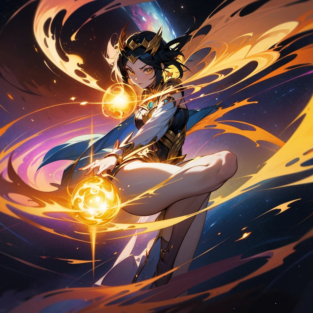 Fantasy Anime World, best quality, hyper detailed, looking at viewer, master piece, female, original character, Unique, holy and royal, "Zephyra, in a dynamic pose, channels her power for a Judgement strike. Energy in the form of radiant light swirls around her, crackling with the intensity of the universe’s balance. Her sword is raised high, glowing fiercely, ready to unleash a beam of energy that stretches toward the heavens. The background is filled with cosmic turmoil, with stars and galaxies swirling violently, reflecting the clash of forces she is balancingAnime, Anime Style, 