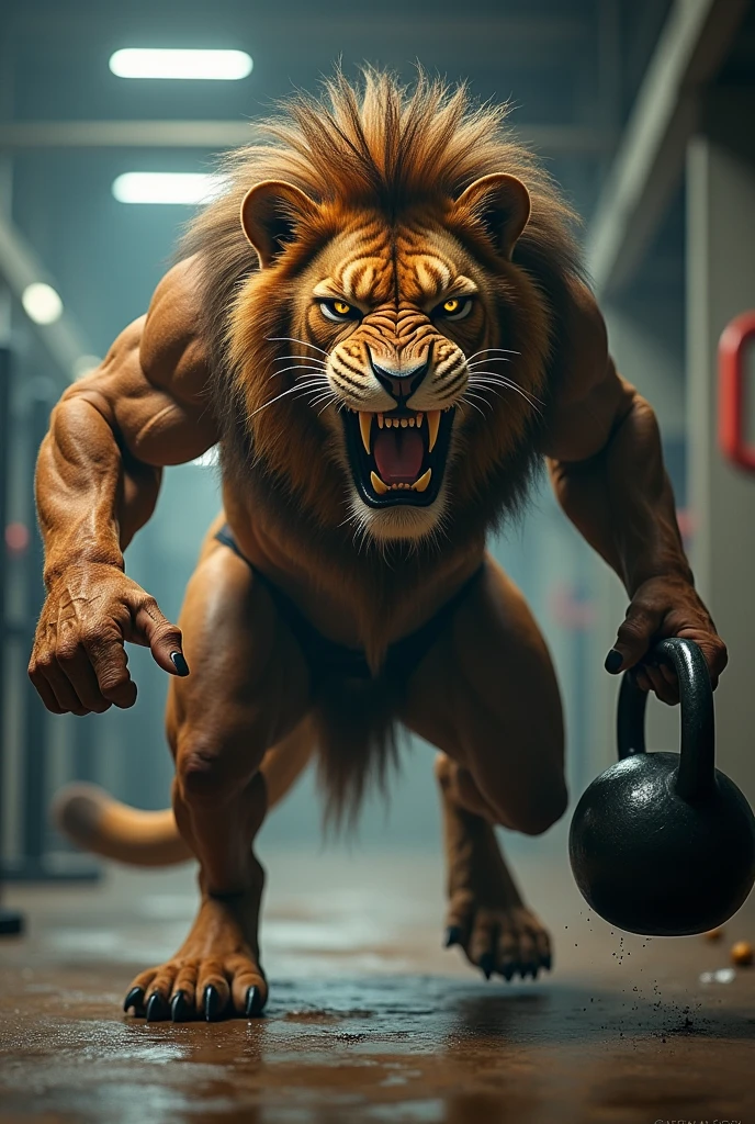 Hairy humanoid wolf training in the gym 