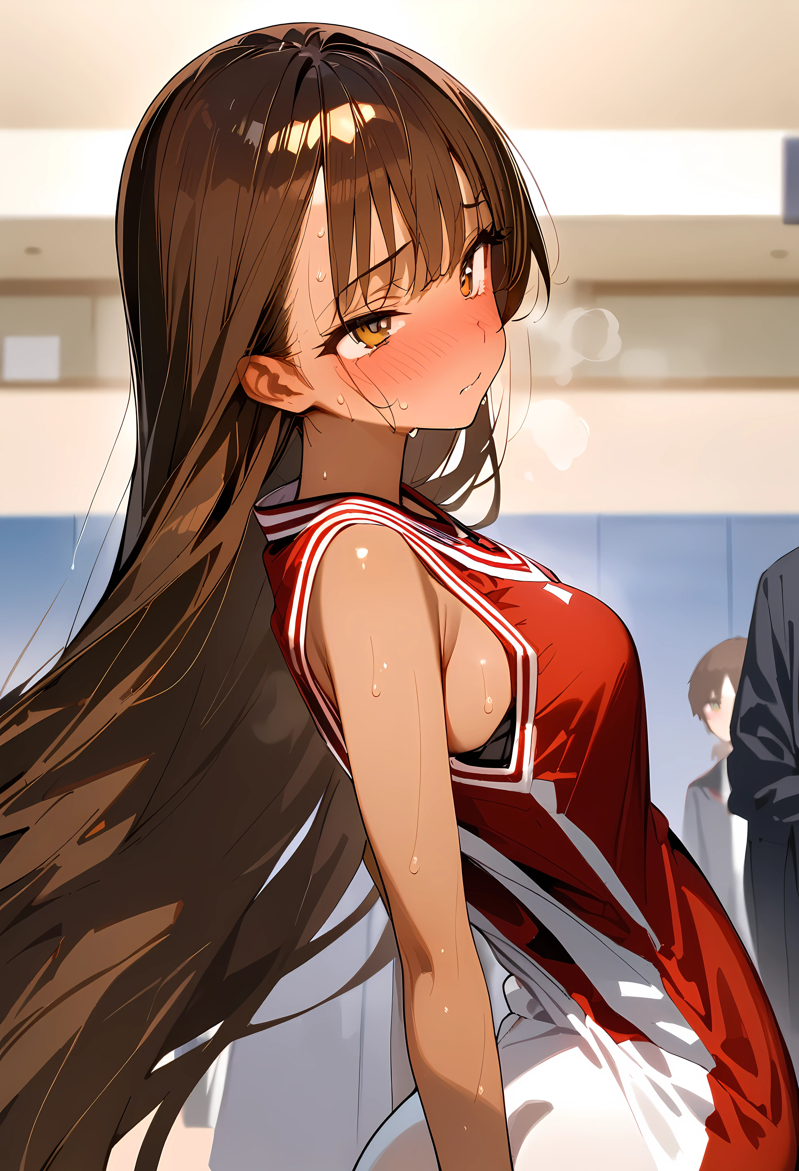 ((masterpiece,best quality anime:1.3,Best Quality)),cowboy shot,portrait,1woman,(young adult),long straight hair,bangs,brown hair,((very small head:1.4)),brown eyes,gorgeous eyes,blush,medium breasts,(((very long body:1.4))),((tan skin)),(basketball red uniuniform),slender body,skinny,sweat,steaming body,During a basketball game、gym、School、