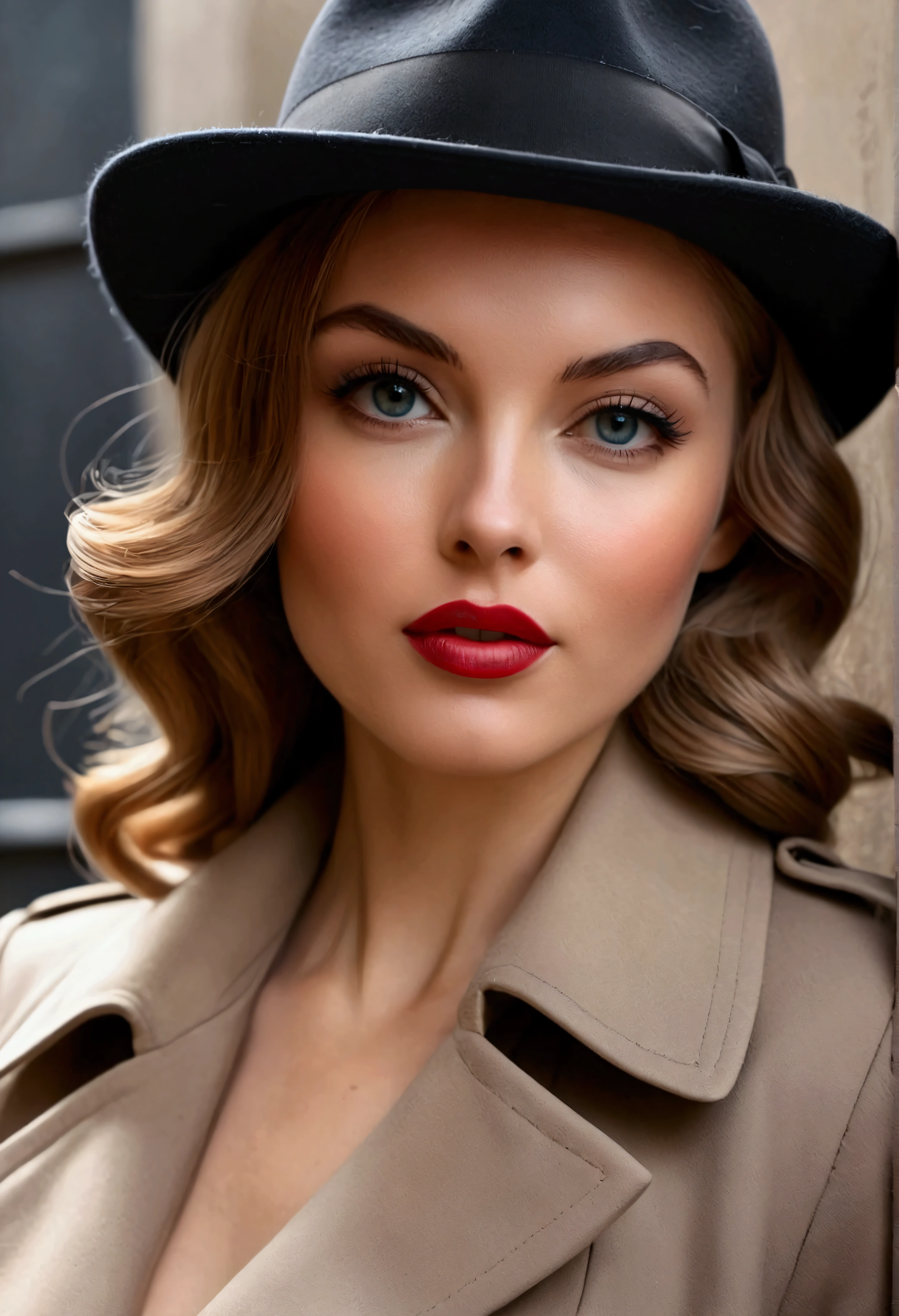 (Photorealistic.masterpiece. Uhd)an ultra hot gorgeous European woman. She’s 2. She’s an Instagram model. (((She’s Dressed with a a 1940 Film noir detective))). trench coat, fedora hat. Suggestive pose. Cleavage. BREAK Perfect anatomy. perfect hair. perfect breast. perfect body. perfect hands. perfect face. perfect eyes. accurate. anatomically correct. BREAK Sony A9 II and a 85mm f/1.8 GM lens.
