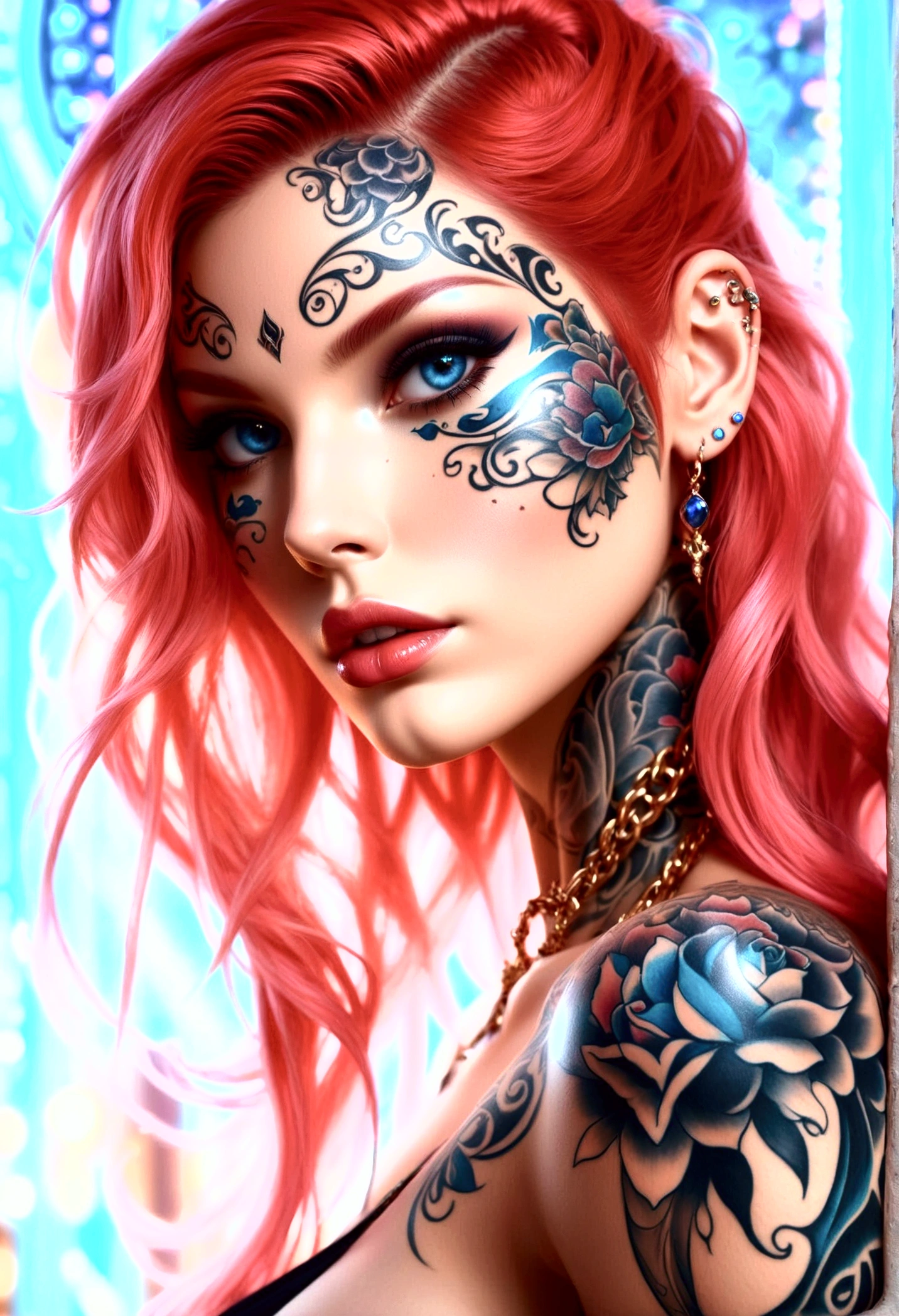 model shooting style, Raw photo of supermodel SKS walking the ramp of a Milan fashion show in a sparkly outfit, Tattoo, 8k, intricate details, detailed face and eyes,(rendered eyes)