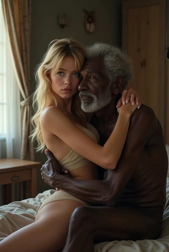 best quality, highres, ultra-detailed, realistic, dim lighting, youthful, seductive expression, (full body image)) beautiful nude blonde girl, perfect face, (perfect body), totally naked, no pantielack slave collar)), ((with an elderly black man sitting in a chair)), high-res photography.