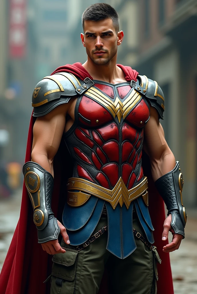 Henry Cavill as Captain Britain with cape, holding a large and round Britain shield, glowing lights, (dynamic pose), (hyper realistic:1.4), (realistic:1.3), (best quality real texture skin), full body, (Cinematic Light), highly detailed skin, skin pores, (highly detailed face:1.1), (highly detailed eyes:1.1), realistic pupils, (perfect anatomy:1.1), (perfect proportions:1.1), (photography:1.1), (photorealistic:1.1), volumetric lighting, dynamic lighting, real shadows, (highres:1.1), sharp focus, daylight, (realistic, hyperrealistic:1.4), intricate, high detail, dramatic, subsurface scattering, big depth of field, vivid, polished, sharpened, ((full Sharp)), (extremely absurdres),8k hdr, London background