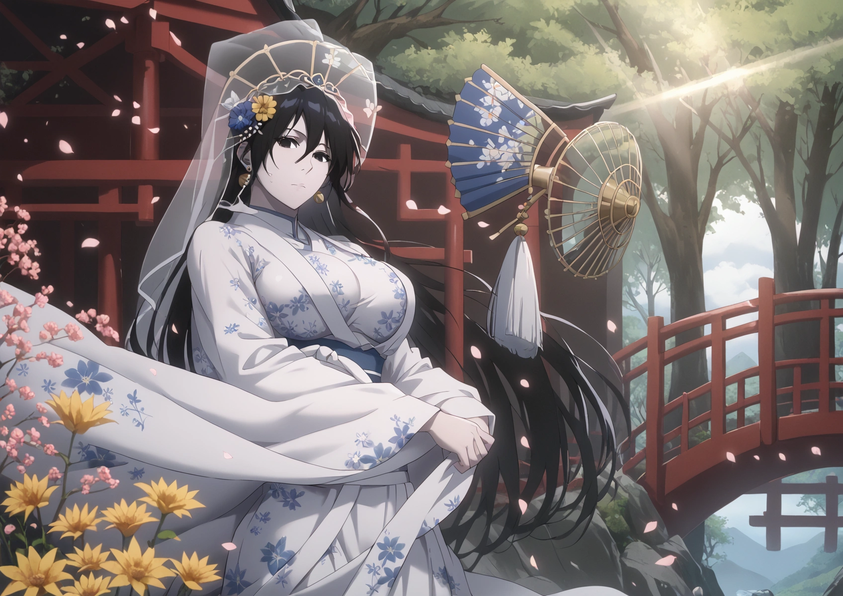 score_9, score_8_up, score_7_up, score_6_up, yuurei, black hair, long hair, large breasts, pale skin, black eyes, BREAK Anime Style, Manga Style, Hand drawn, cinematic, Sharp focus, humorous illustration, big depth of field, Masterpiece, concept art, trending on artstation, Vivid colors, Simplified style, trending on ArtStation, trending on CGSociety, Intricate, Vibrant colors, Soft Shading, Simplistic Features, Sharp Angles, Playful, excessive sweating, sweating profusely, sweating drop BREAK, 1girl, uchikake, kimono, japanese clothes, wataboushi, flower, hand fan, outdoors, large breasts, breasts, folding fan, looking at viewer, wide sleeves, tree, bride, holding fan, petals, bridge, holding, turret, veil, day, white kimono, wind, shrine, hair ornament, closed mouth, rope, cannon, hair flower, long sleeves, solo, architecture, alternate costume, shimenawa, jewelry, wedding dress, east asian architecture, sunlight, wedding, folded fan, blue flower, bridal veil, floral print, tassel, falling leaves, wind lift, alternate hairstyle, earrings, bell, yellow flower, light rays, 