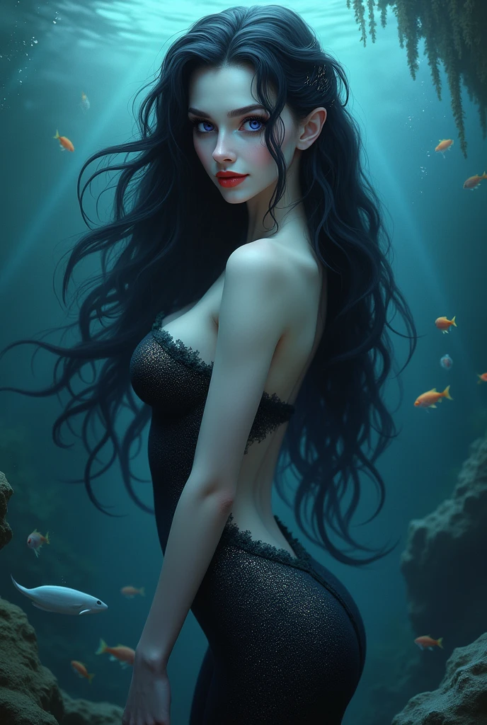 Beautiful nude woman with massive breasts. The breasts are not covered by anything. Red full lips. shiny red stockings with a belt. Very long transparent dress very tight showing breasts nude. (masterpiece, best quality:1.3) YunaFF10, 1girl, solo, heterochromia, Mix of color neon blue green yellow black hair. Woman is under water in ocean.