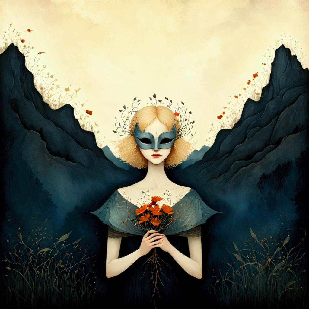 A whimsical watercolor painting by Andy Kehoe and Tracy Grimwood, Catrin Welz-Stein .a young woman with blond hair energetically holds masks of her emotions to her chest. the background is a high cliff with marsh grass and orange flowers. Unreal dreamlike atmosphere.