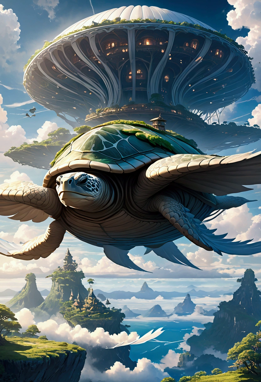 An enormous, fantastical creature that resembles a giant sea turtle, but on a massive scale, serving as a living airship. Its body is covered in soft, white feathers, and its head is adorned with elegant feather ridges that sweep backward. The creature has six long flippers that are a blend of wings and aquatic fins, creating a graceful, otherworldly appearance as it glides through the sky. Its large shell is sculpted with deep ridges and caverns, offering both protection and structure. Atop the shell, intricate treehouse-like structures made from mushrooms are nestled within the ridges, each with aerodynamic, flowing roofs designed to handle the air currents. The scene evokes a sense of adventure and fantasy, with small, wind-swept communities living aboard this majestic creature as it soars through a magical sky filled with stars, clouds, and distant floating islands.
