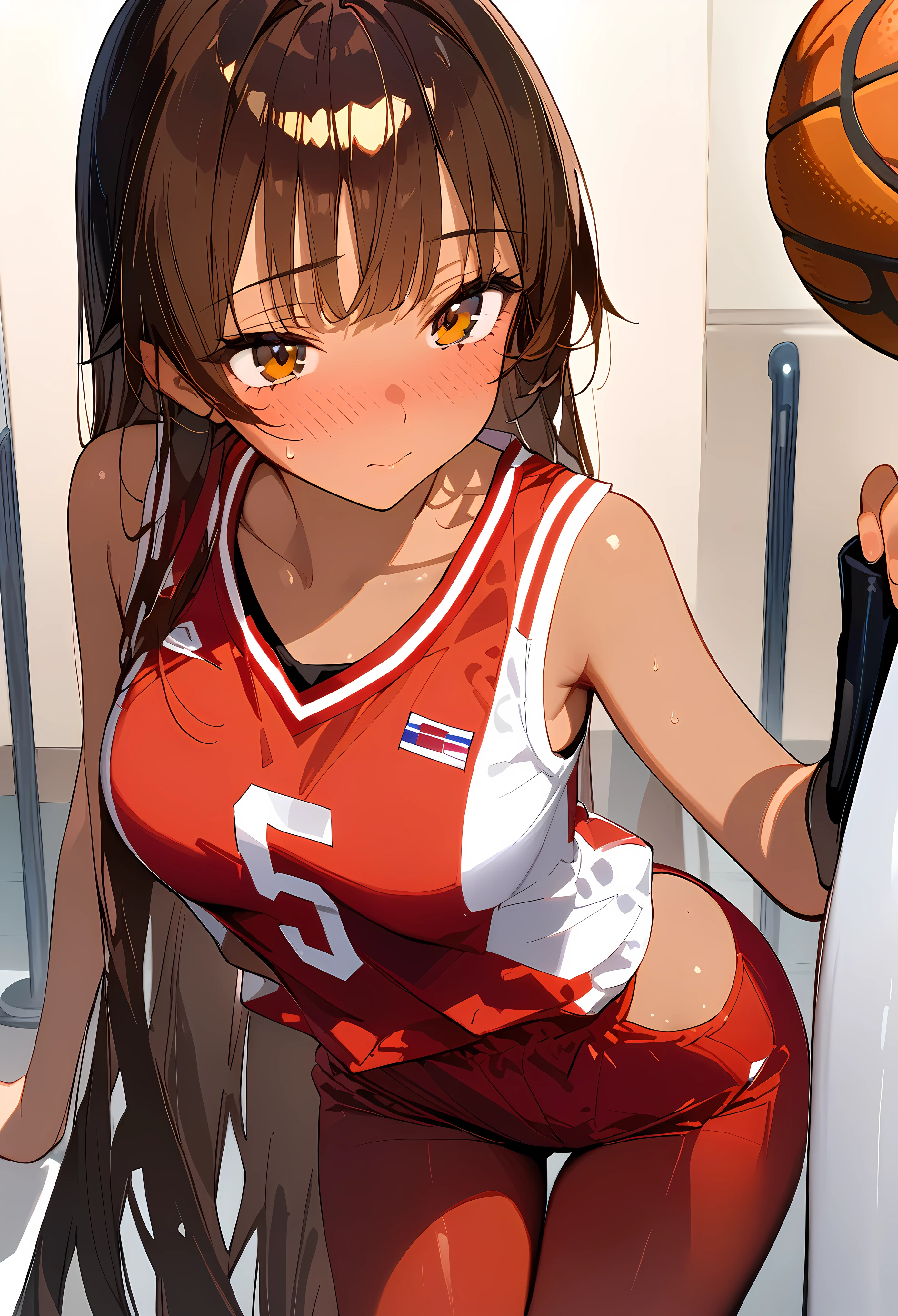 ((masterpiece,best quality anime:1.3,Best Quality)),cowboy shot,portrait,1woman,( adult),long straight hair,bangs,brown hair,((very small head:1.4)),brown eyes,gorgeous eyes,blush,medium breasts,(((very long body:1.4))),((tan skin)),(basketball red uniuniform,red shorts),slender body,skinny,standing,Before the basketball game、gym、School、