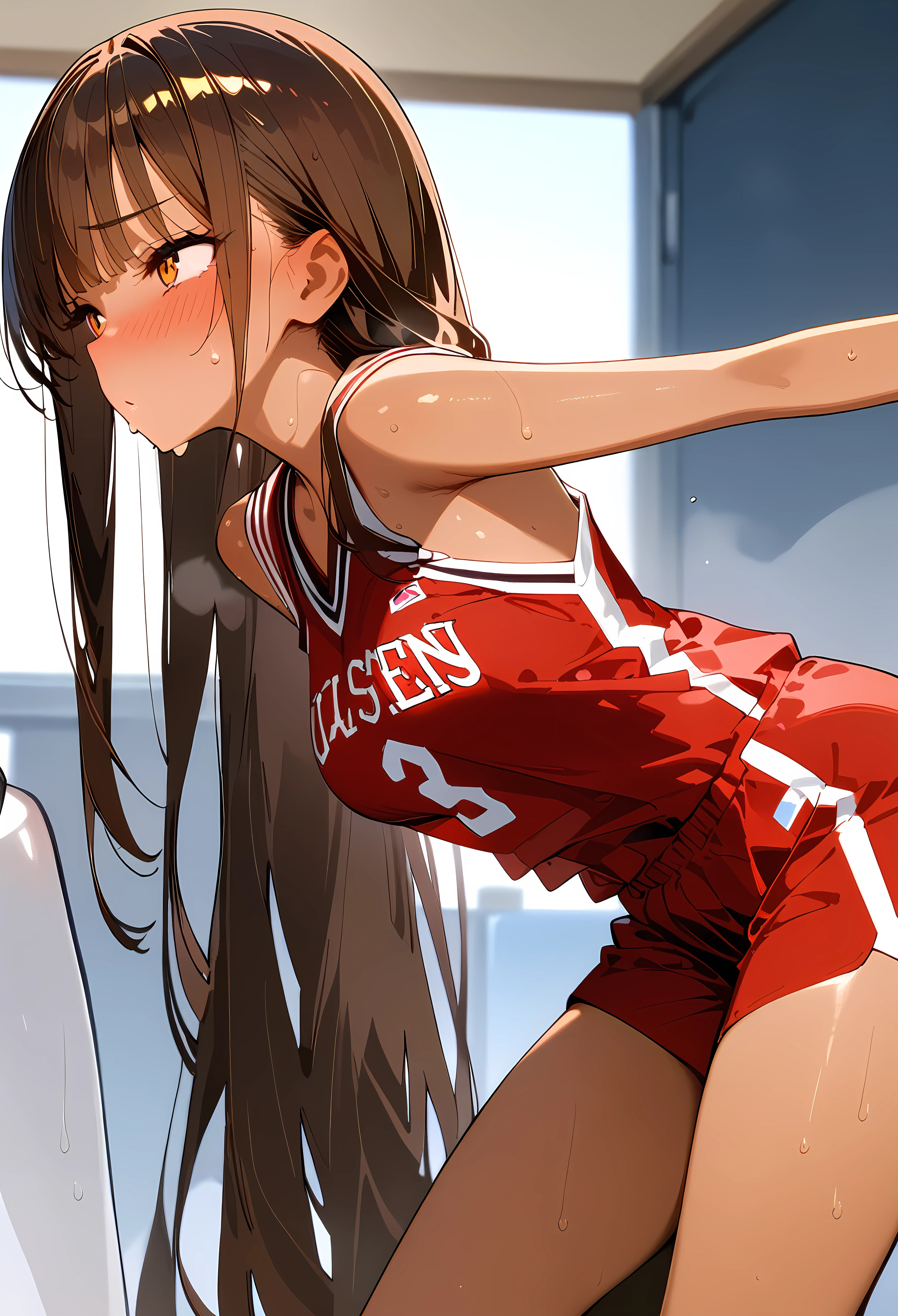 ((masterpiece,best quality anime:1.3,Best Quality)),cowboy shot,portrait,1woman,(young adult),long straight hair,bangs,brown hair,((very small head:1.4)),brown eyes,gorgeous eyes,blush,medium breasts,(((very long body:1.4))),((tan skin)),(basketball red uniuniform,red shorts),slender body,skinny,sweat,steaming body,During a basketball game、gym、School、