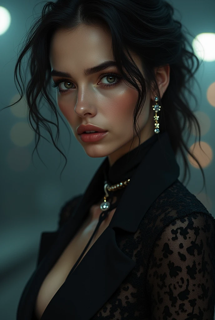 a trap-style character with curly hair and light brown eyes , with silver studded chains and shiny stone earrings