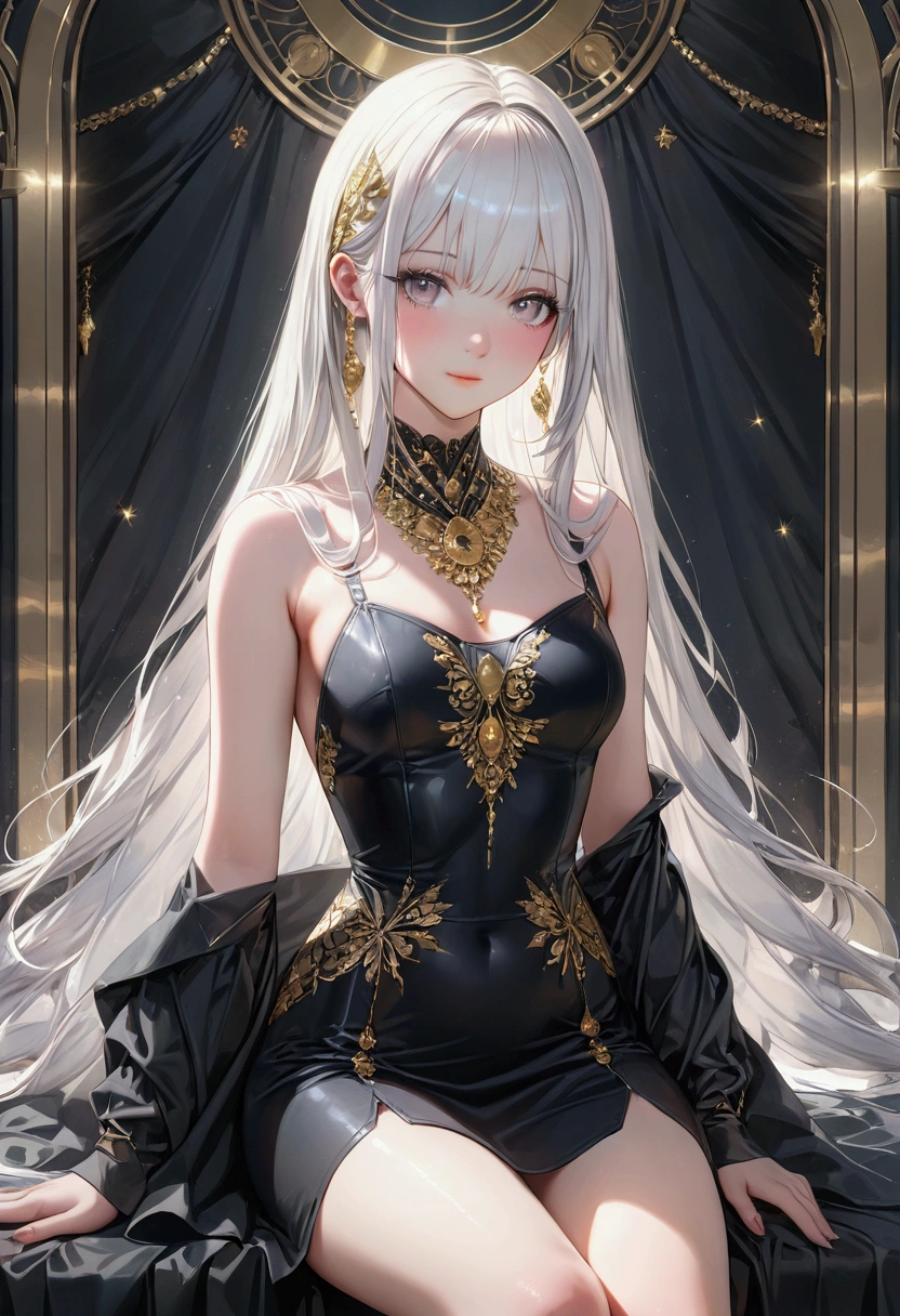 (Masterpiece:1.2), best quality, (illustration:1.2), (ultra-detailed), hyper details, (delicate detailed), (intricate details), (cinematic light, best quality Backlights), clear line, from below, solo female, perfect body, (1girl), white hair, glowing yellow eyes, (emperor, black see-through clothes),(crown:1.1), sitting on Throne, slightly close eyes, looking downward, turn head, ( shy:1.2), ((makeup)), high contrast, (best illumination, an extremely delicate and beautiful), ((cinematic light)), colorful,