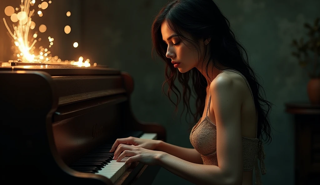 A painting by Fabian Perez nude beautiful, nude woman in black heels with her jet black hair in an Victorian updo, sitting on the piano and looking at the camera with romantic eyes, candles, secret garden, candles, night, romantic lights book of love letters