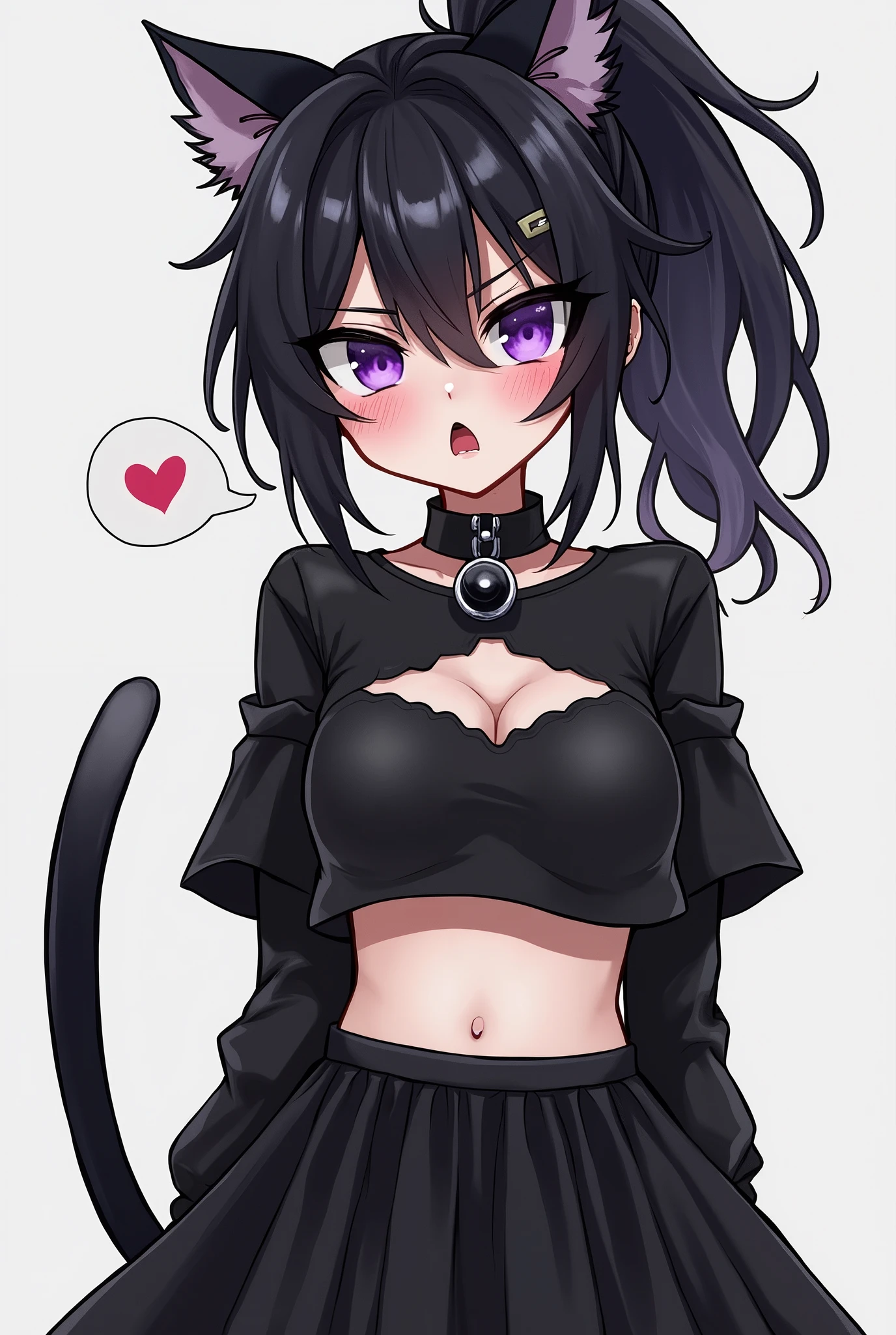 1 girl, high quality, bob hair, black hair, forehead, green eyes, medium breasts, corset, (straps on thighs), thick thighs, simple background, high gloves, stockings, cameltoe, cat tail, cat ears,((thong)), (lace:1.2)