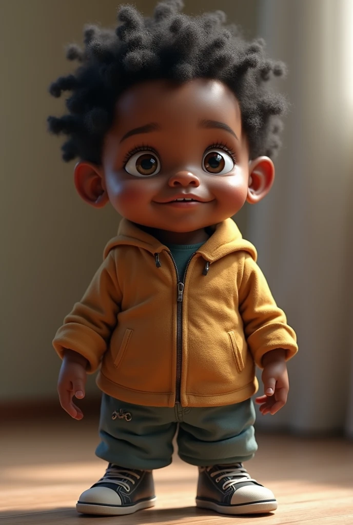 create a Disney style character, The features are: a black boy with long curly hair
