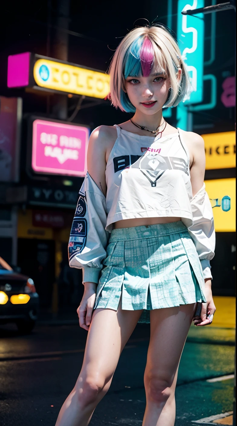 A colorful Bob cut haired punk canadian girl, smooth white skin, slender, innocent look, ultra high resolution, uhd, detailed cyberpunk outfit, wink, smiling, neon lighting, short skirt, colorful loose socks, athletic legs, vogue pose, modelling, beautiful detailed face