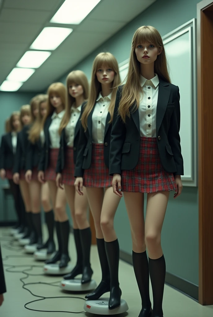 (best quality:10k, high res, masterpiece:1.2), ultra-detailed, ((photo-realistic:1.37)), ((best quality)), ((masterpiece)), (detailed), ((full body)), ((NSFW)), ((3 Alicia Vikander)) ((4 girls in sexy high school uniforms)), ((grey pleated ultra-micro showing a glimpse of white panties beneath the hemline)), (white shirt), ((white kneesocks)), ((black shoes)), ((grey neckties)), ((can see a little chest through blouse)), ((in a darkened basement room with filled with junk)), ((no windows)),