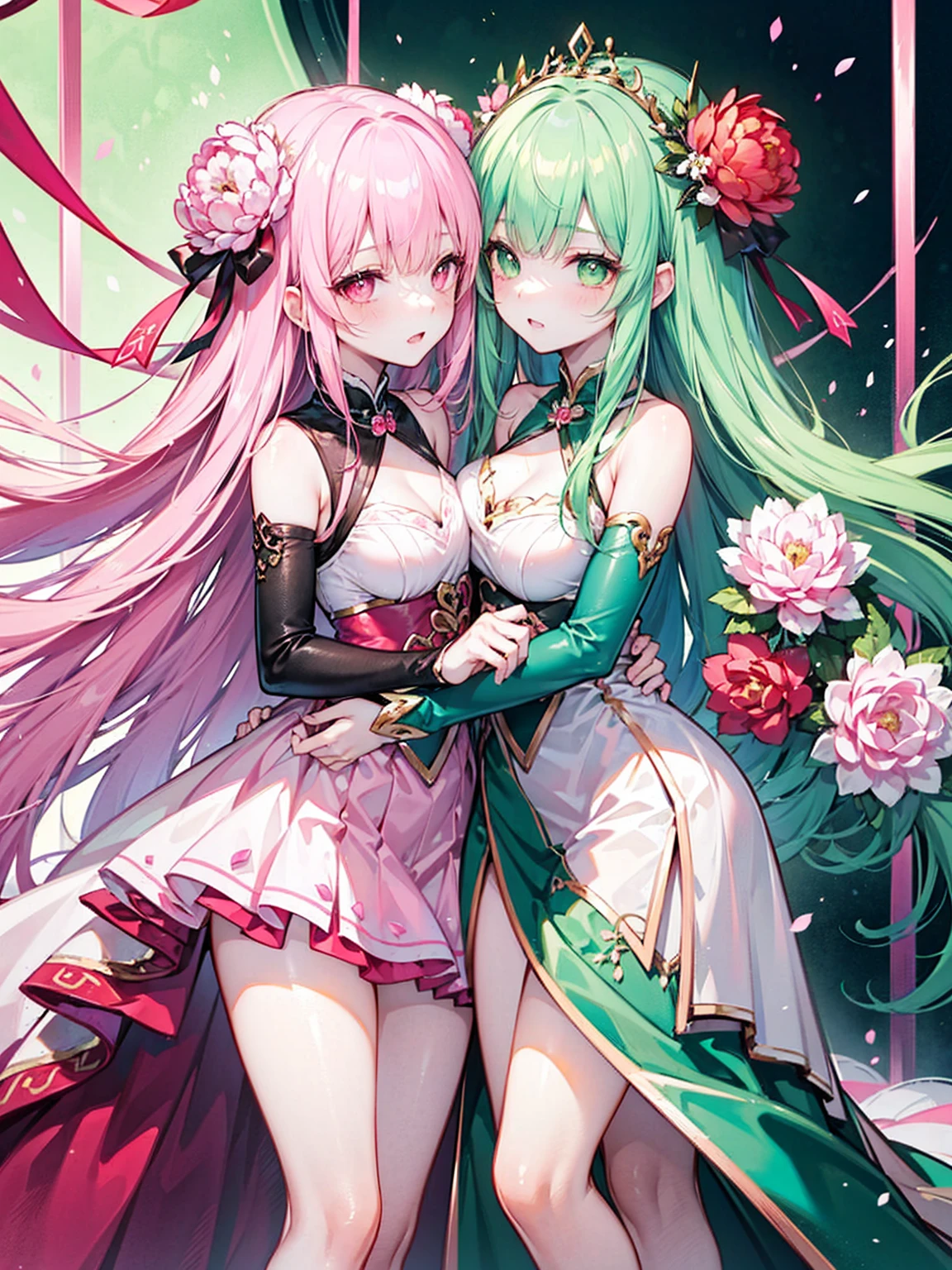 2 woman, One has long green hair........, purple eyes.. , The other has long pink hair........, High Quality, couple , Girls love girls........., Yuri,,A Beautiful Girl, lesbian, lover, knight , luxury, dynasty ,castles,banquet