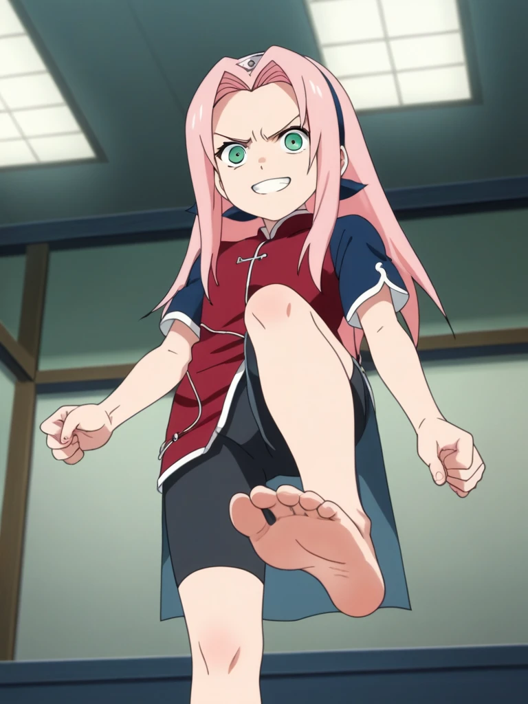 score_9, score_8_up,source_anime,
1girl, Sakura Haruno, pink hair, long hair, green eyes, red qipao, short sleeves, bike shorts,Alone, looking at viewer, angry, smile, cowboy shot, anime screencap, anime coloring in the room，Soles出汗，barefoot，Perfect feet，Anatomically correct，Soles，Low Angle，Focal length 35mm, Five toes，front，对称Soles，Foot Focus