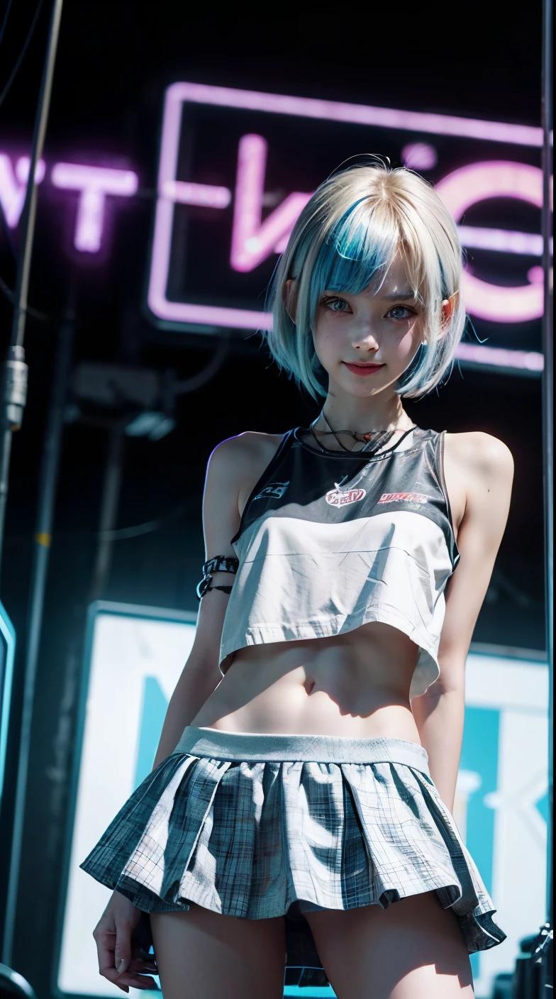 A colorful Bob cut haired punk canadian girl, smooth white skin, innocent look, 15 years old, Ultra high res, uhd, photorealistic, cyberpunk outfit, ripped shirt, wink, smiling ear to ear, neon lighting, crop top vest, wearing short skirt, colorful loose socks, full body shot, beautiful legs, fish eye lens, vogue pose, modeling, playful 