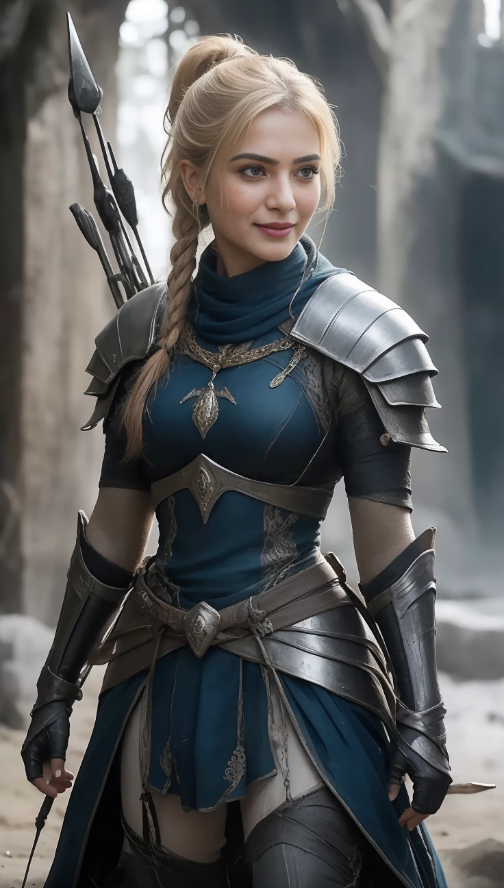 (medium full shot) of (supermodel young woman:1.1) medieval soldier, swedish with blonde hair in a braid, blue eyes, fair skin, slender, wearing Leather helmet with nose guard, quilted jerkin with brass studs, woolen trousers, leather ankle boots, wielding Crossbow with intricately carved stock, laughing, arms crossed, .set in medieval era, Druidic Grove, sacred space surrounded by towering ancient oaks, a stone circle marking ritual sites, wooden benches carved with mystical symbols, offerings of flowers and herbs placed on a stone altar, and the murmuring of sacred chants , at night, ,Masterpiece,best quality, photorealistic, amazing quality, very aesthetic, extremely detailed face,