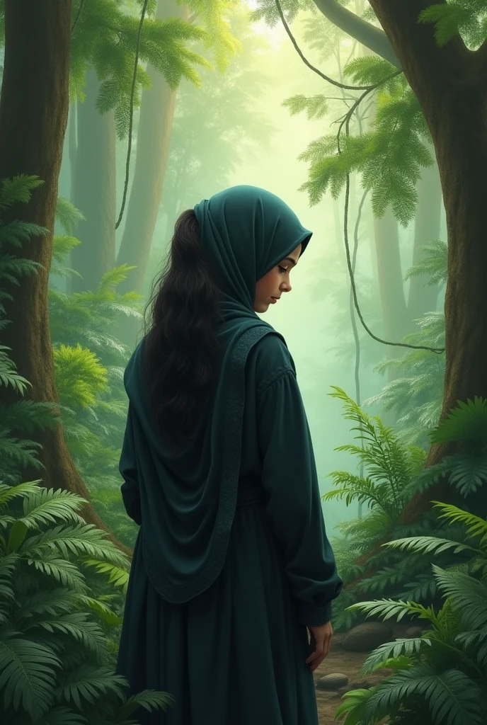 A woman with a hijab stands alone in a dense forest full of strange creatures and has a beautiful and luminous face, and all these creatures obey her.