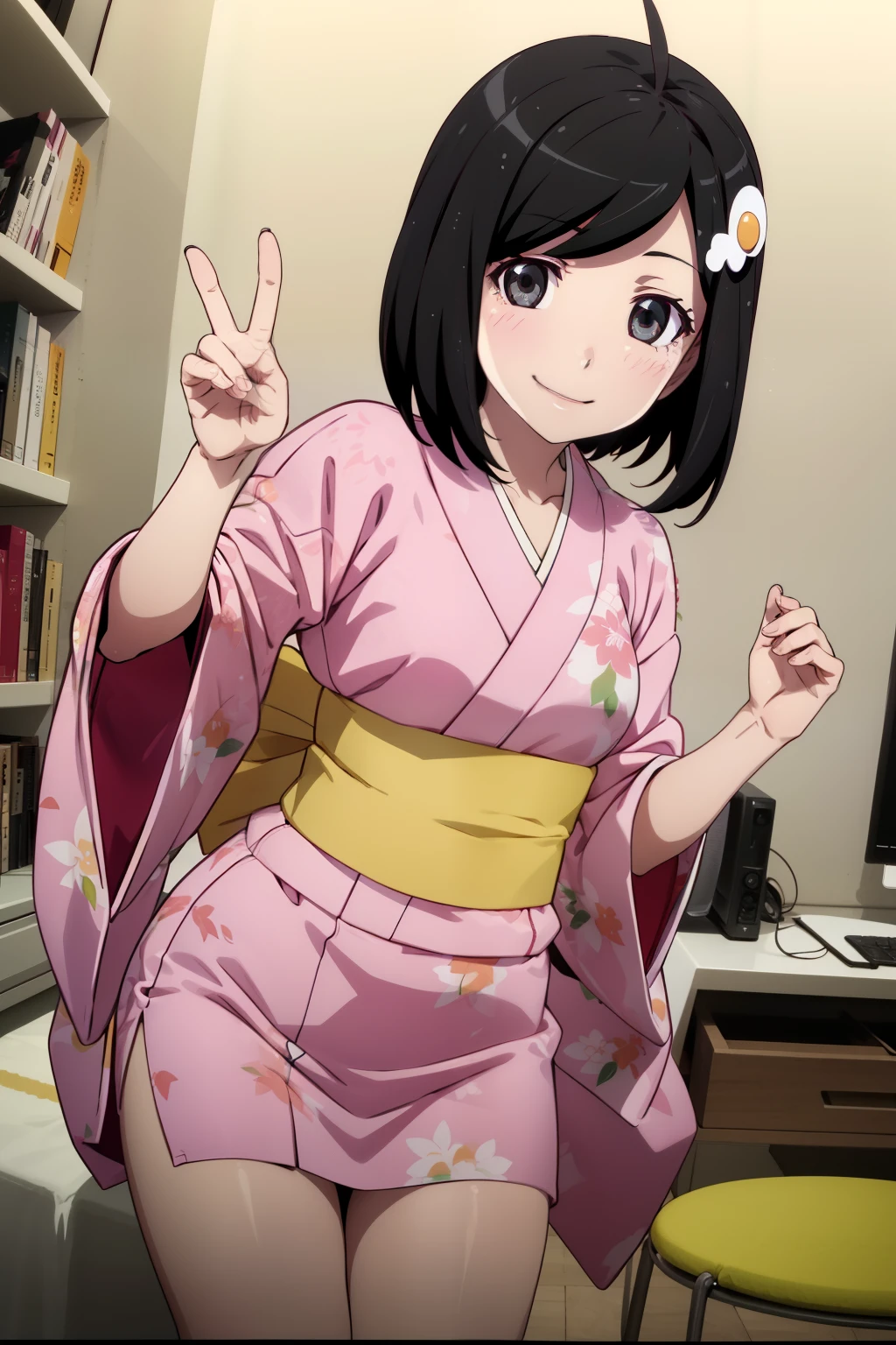 1girl, Alone, araragitsukihi, medium hair, (magenta kimono), hair ornament, ahoge, japanese clothes, egg hair ornament, smile, japan,  v, peace sign,masterpiece、Best Quality、High resolution、Detailed face、(anime、anime塗り、animeカラーリング、RAW Photos)、Bakemonogatari、official、 One girl、solo、Staring at the audience、Random Pause、Random Angle、Cowboy Shot、smile、Thighs、field